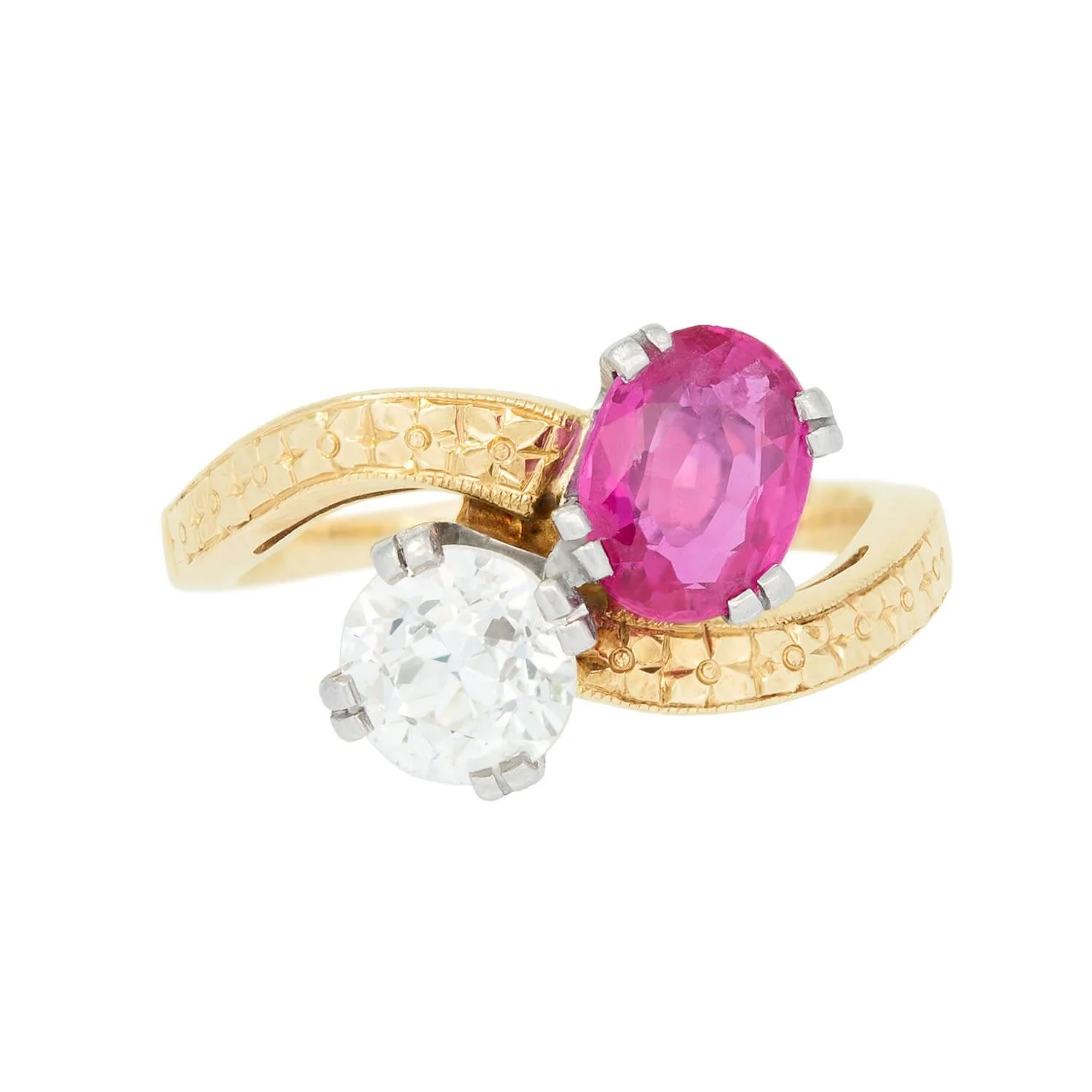 Edwardian 14k/Platinum Diamond and Ruby Moi Et Toi Ring - Image 2