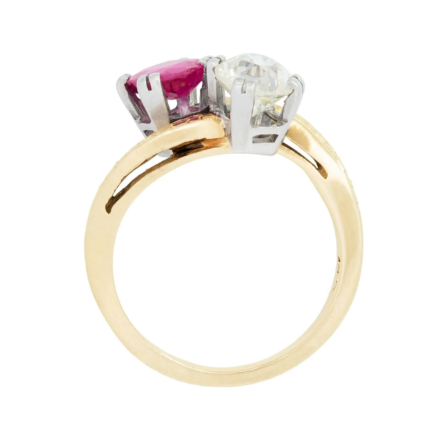 Edwardian 14k/Platinum Diamond and Ruby Moi Et Toi Ring - Image 4