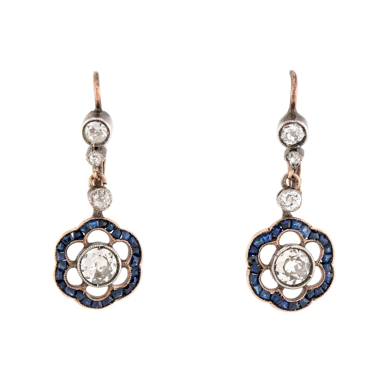 Edwardian 14k/Sterling Silver Diamond & Sapphire Floral-Motif Dangle Earrings