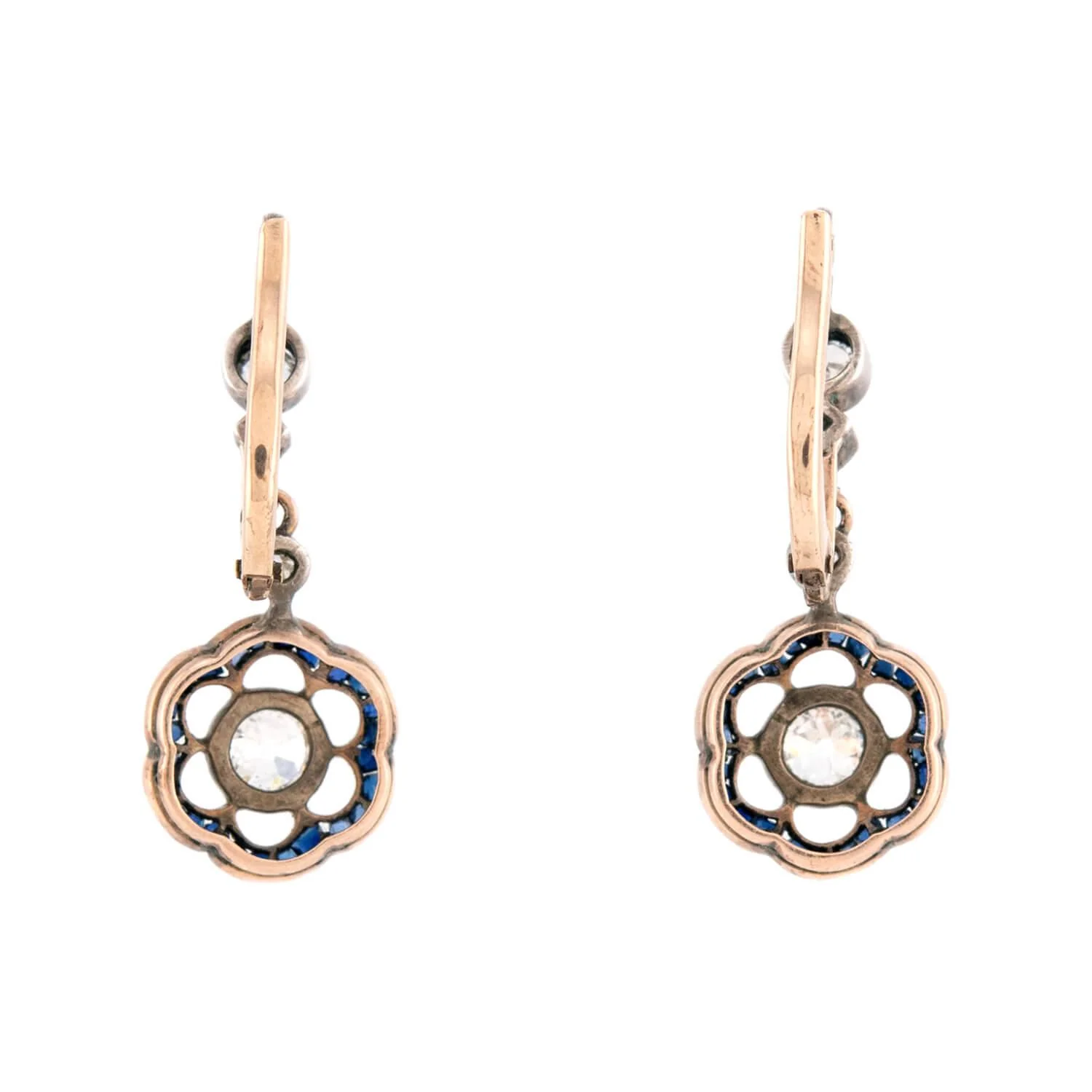 Edwardian 14k/Sterling Silver Diamond & Sapphire Floral-Motif Dangle Earrings - Image 3