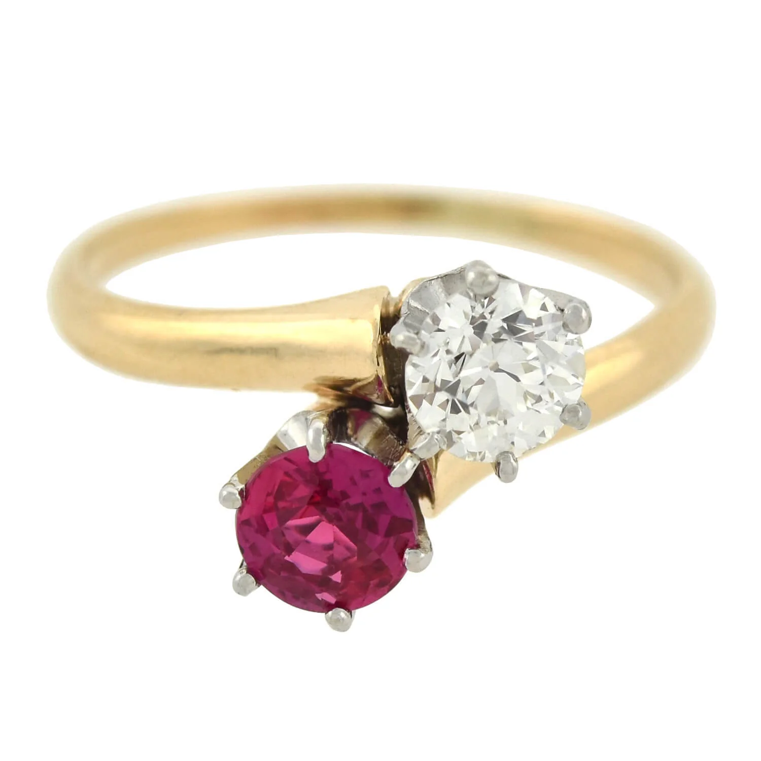 Edwardian 14kt/Platinum "Moi et Toi" Diamond + Ruby Sapphire Bypass Ring - Image 2