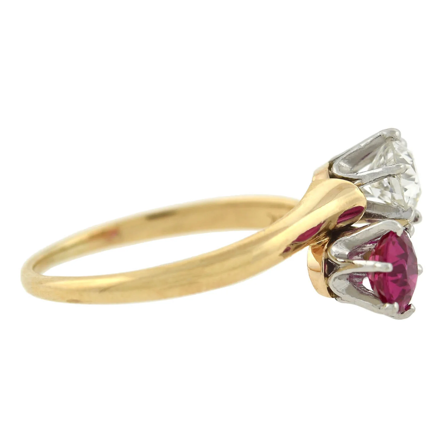 Edwardian 14kt/Platinum "Moi et Toi" Diamond + Ruby Sapphire Bypass Ring - Image 3
