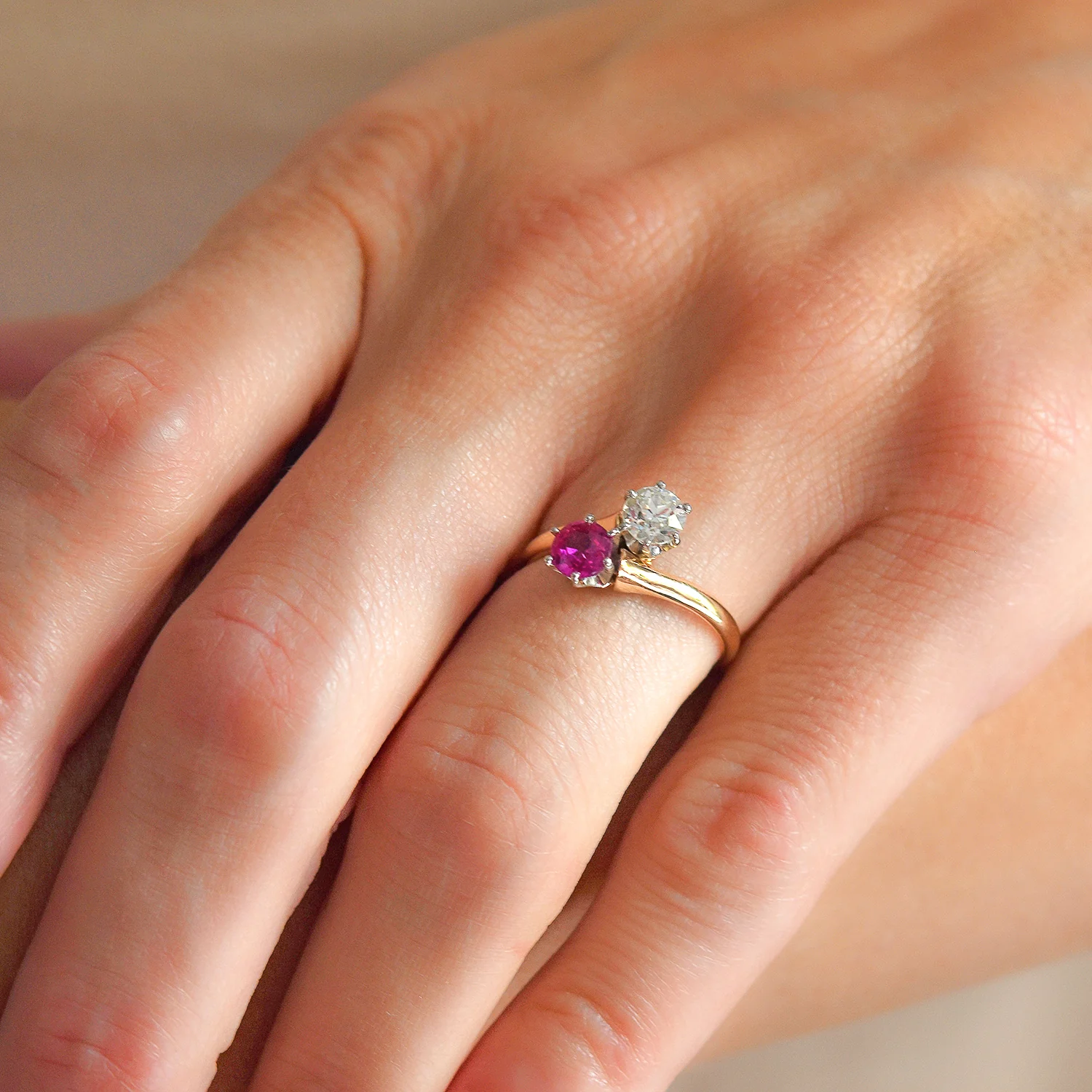 Edwardian 14kt/Platinum "Moi et Toi" Diamond + Ruby Sapphire Bypass Ring - Image 7