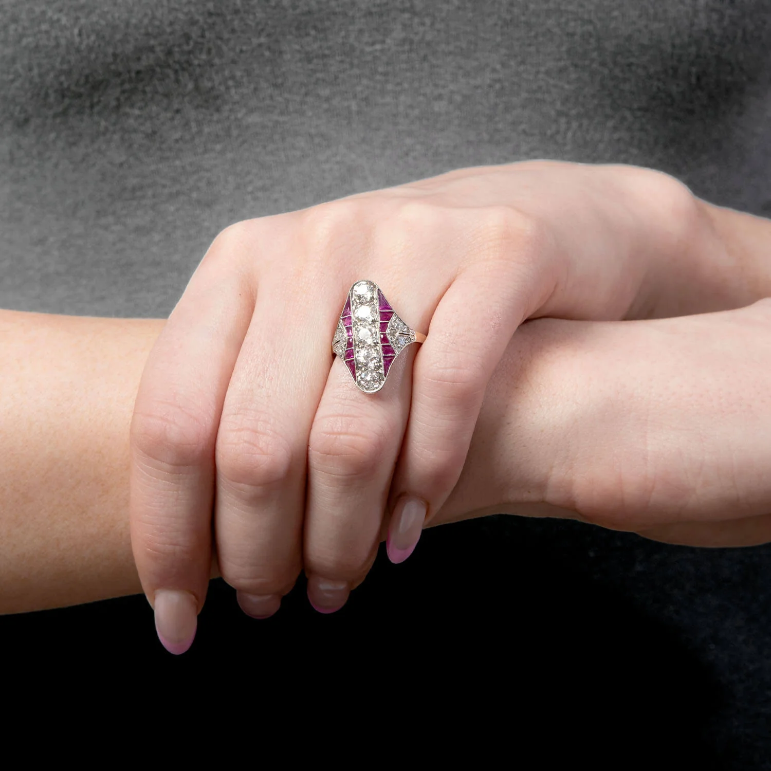 Edwardian 18k/Platinum Ruby & Diamond Navette Ring - Image 6