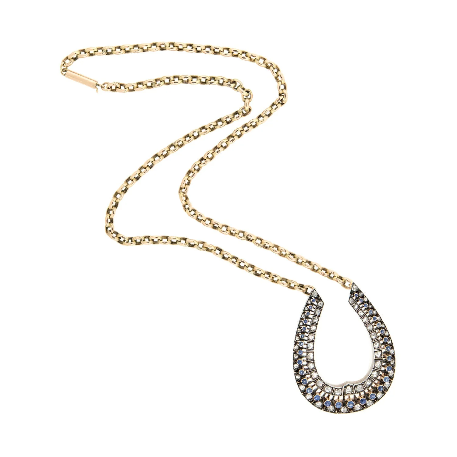 Edwardian 18k/Platinum Sapphire + Rose Cut Diamond Horseshoe Pendant Necklace - Image 2