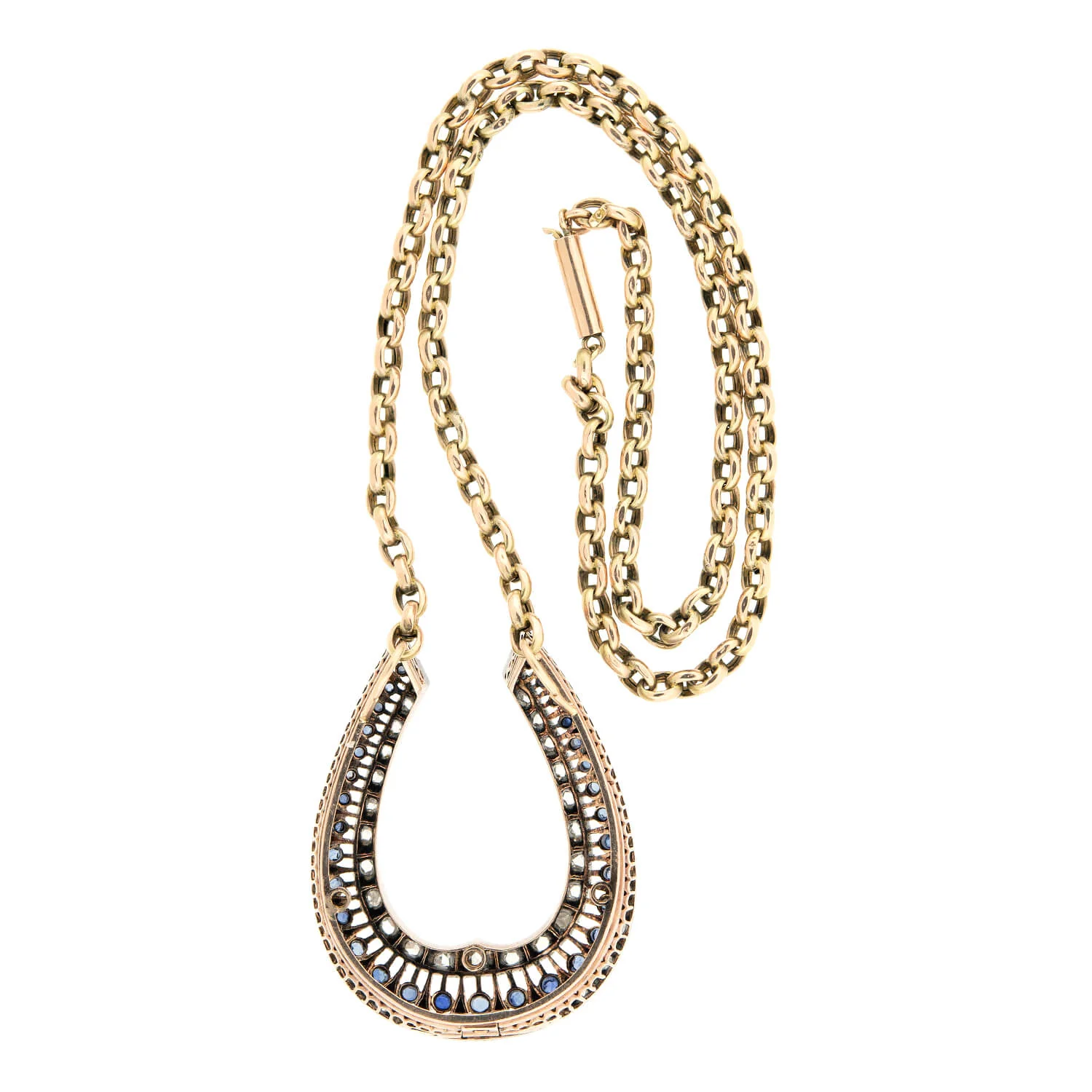 Edwardian 18k/Platinum Sapphire + Rose Cut Diamond Horseshoe Pendant Necklace - Image 4