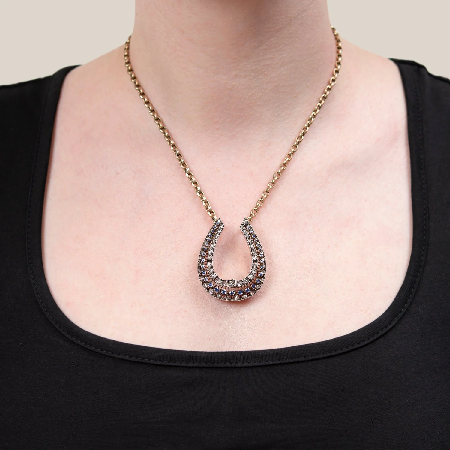Edwardian 18k/Platinum Sapphire + Rose Cut Diamond Horseshoe Pendant Necklace - Image 7