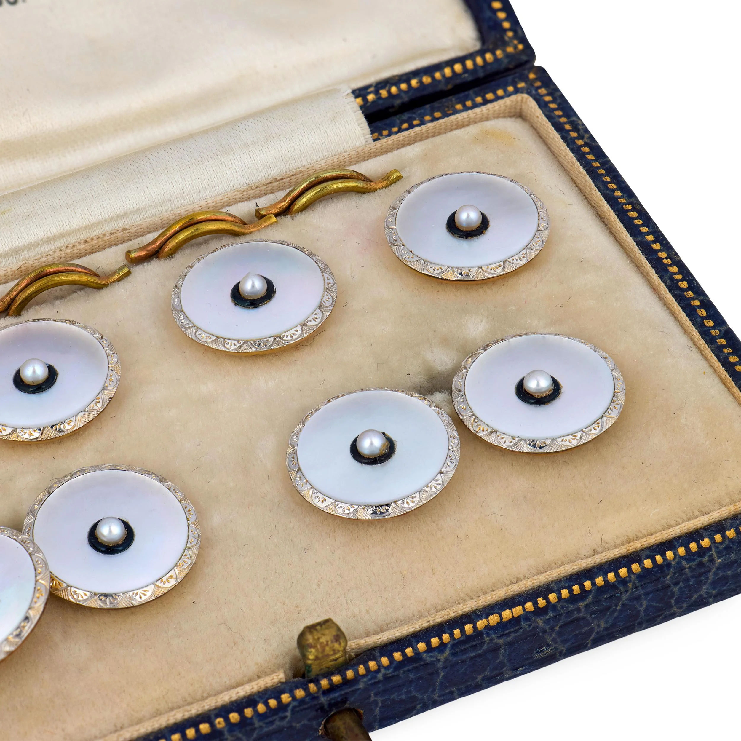 Edwardian 9k/Platinum Mother of Pearl, Pearl, & Enamel Cufflink Set - Image 3