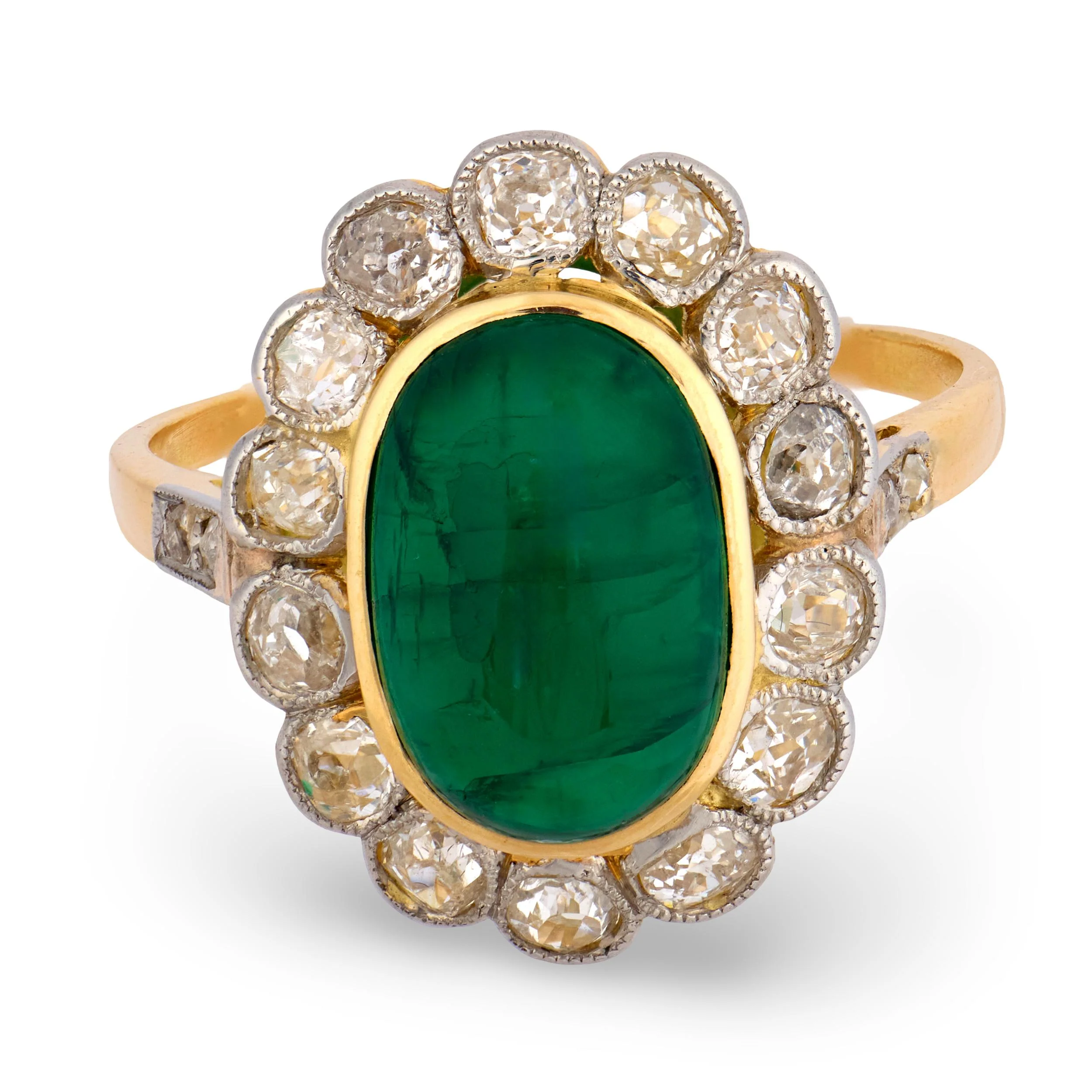 Edwardian French 18k/Platinum Emerald & Diamond Halo Ring - Image 2