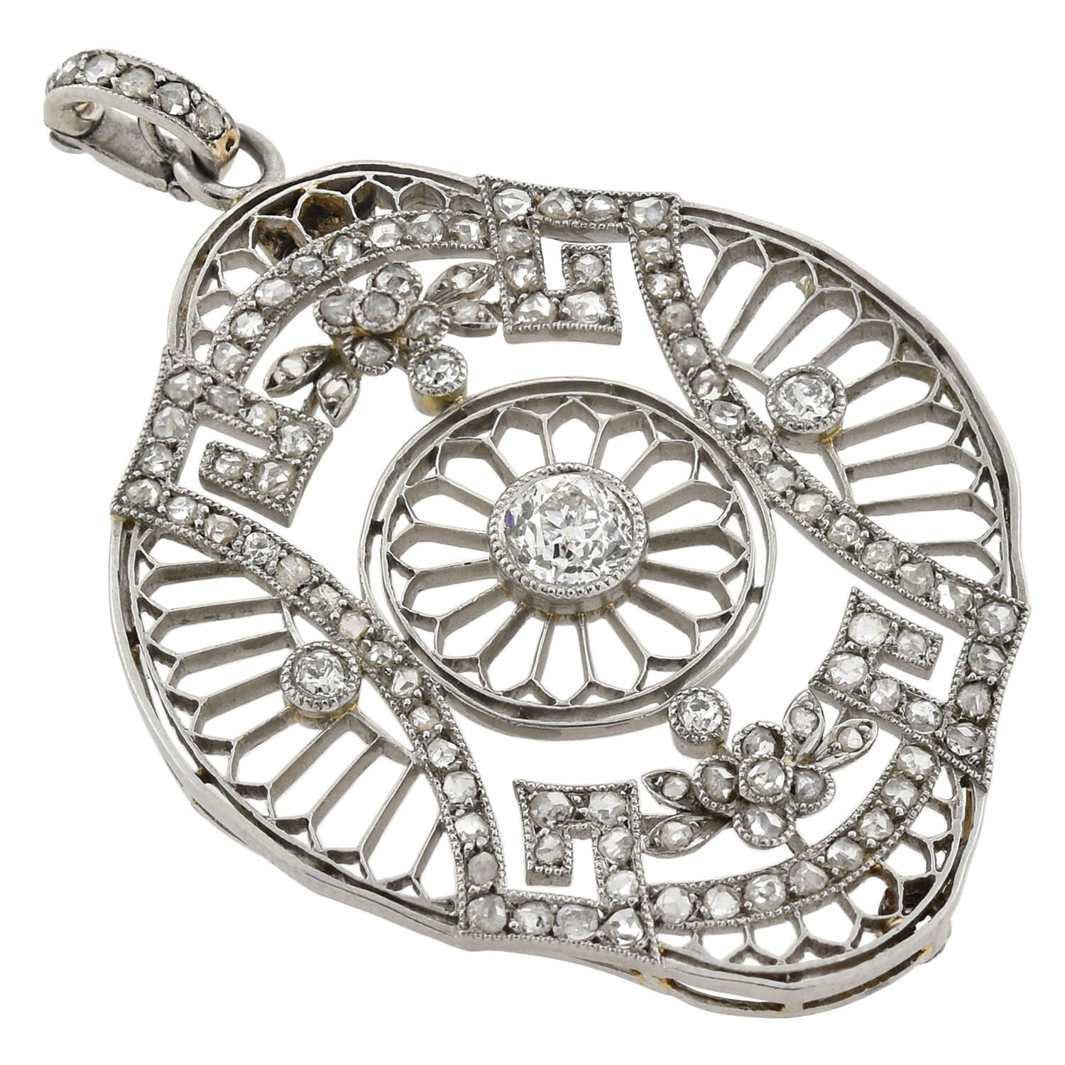 Edwardian French Large Platinum Diamond Floral Motif Filigree Pendant 1.05ctw - Image 2