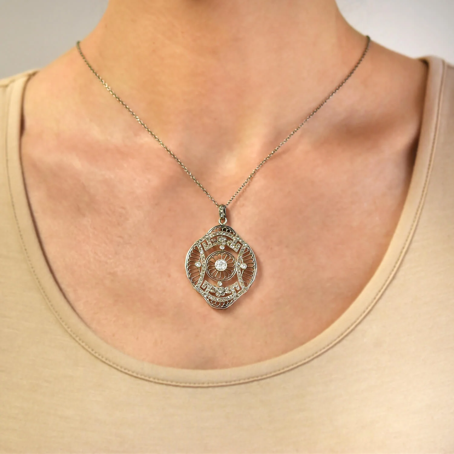 Edwardian French Large Platinum Diamond Floral Motif Filigree Pendant 1.05ctw - Image 6