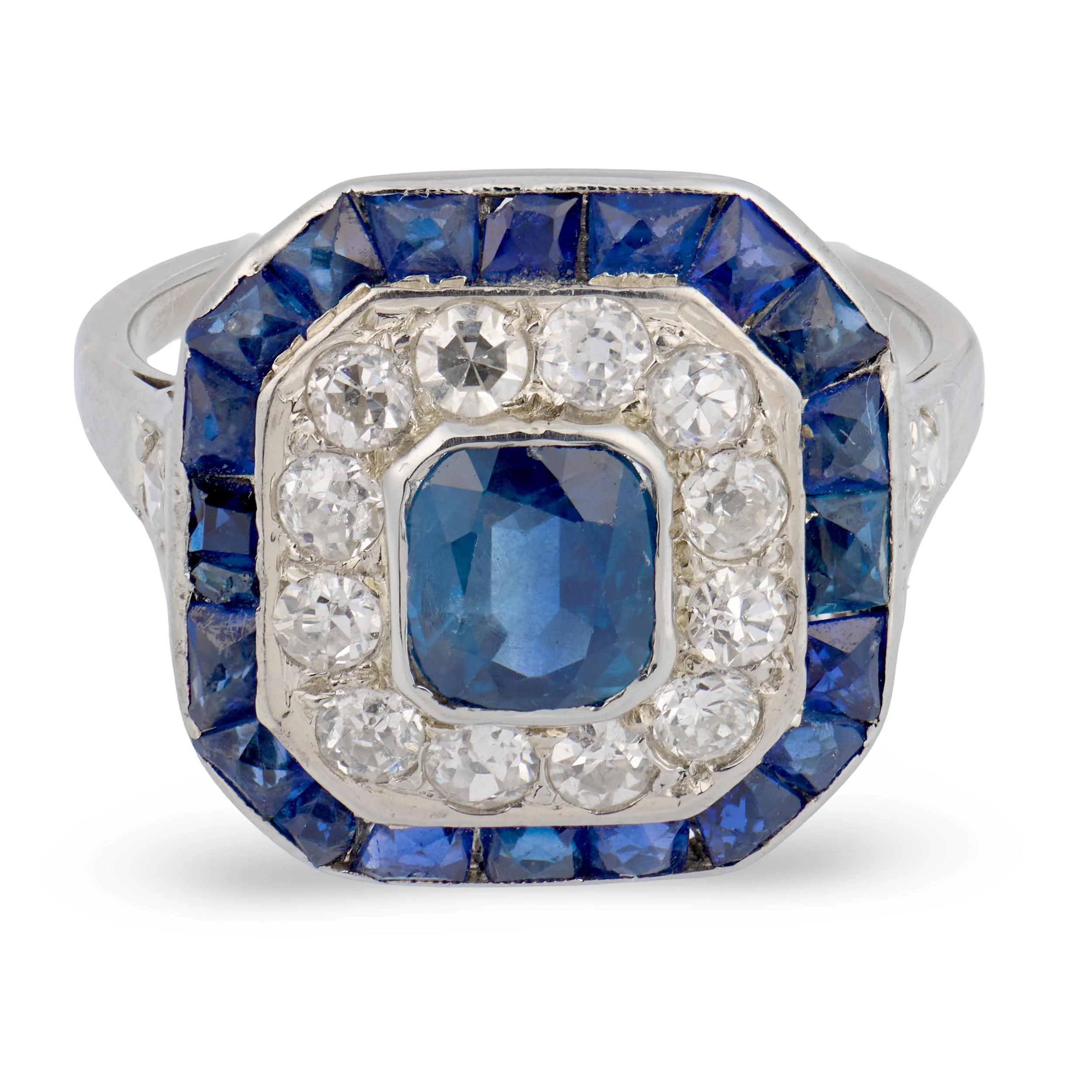 Edwardian French Platinum Sapphire & Diamond Halo Ring - Image 2