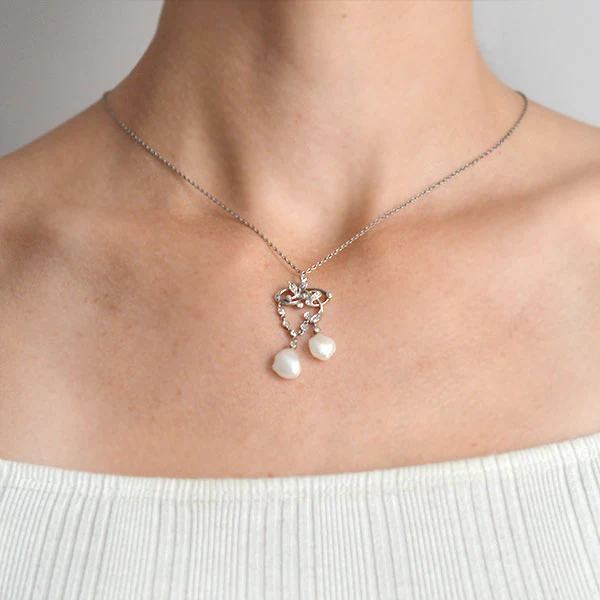 Edwardian Platinum/14kt Diamond & Pearl Lavalier Necklace - Image 6