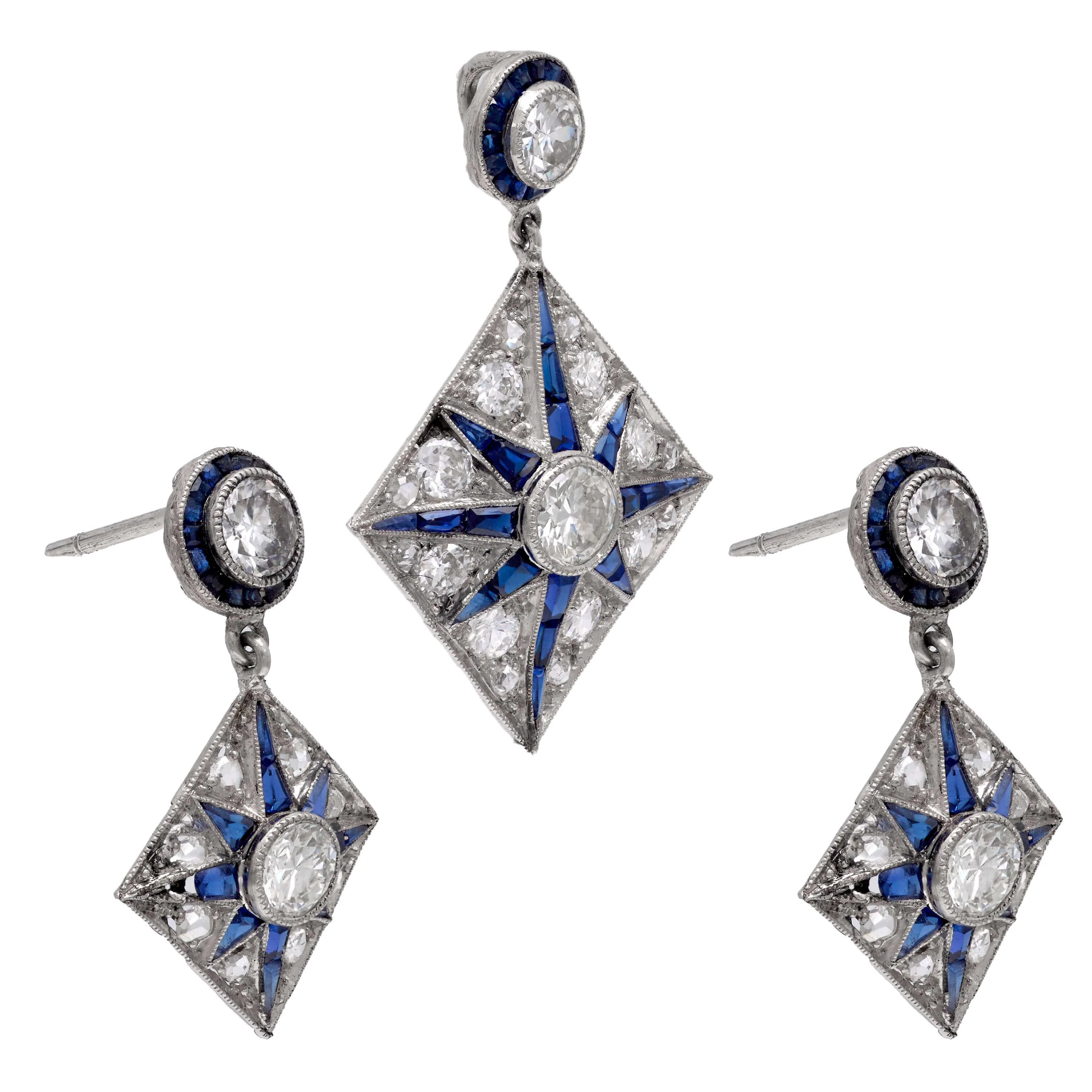 Edwardian Platinum Diamond and Sapphire Star-Motif Earring and Pendant Set - Image 2