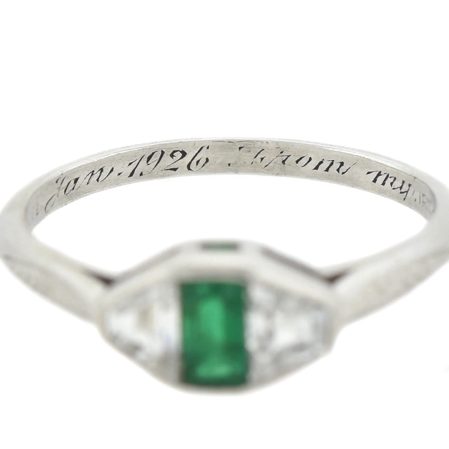 Edwardian Platinum Diamond + Emerald Ring - Image 8