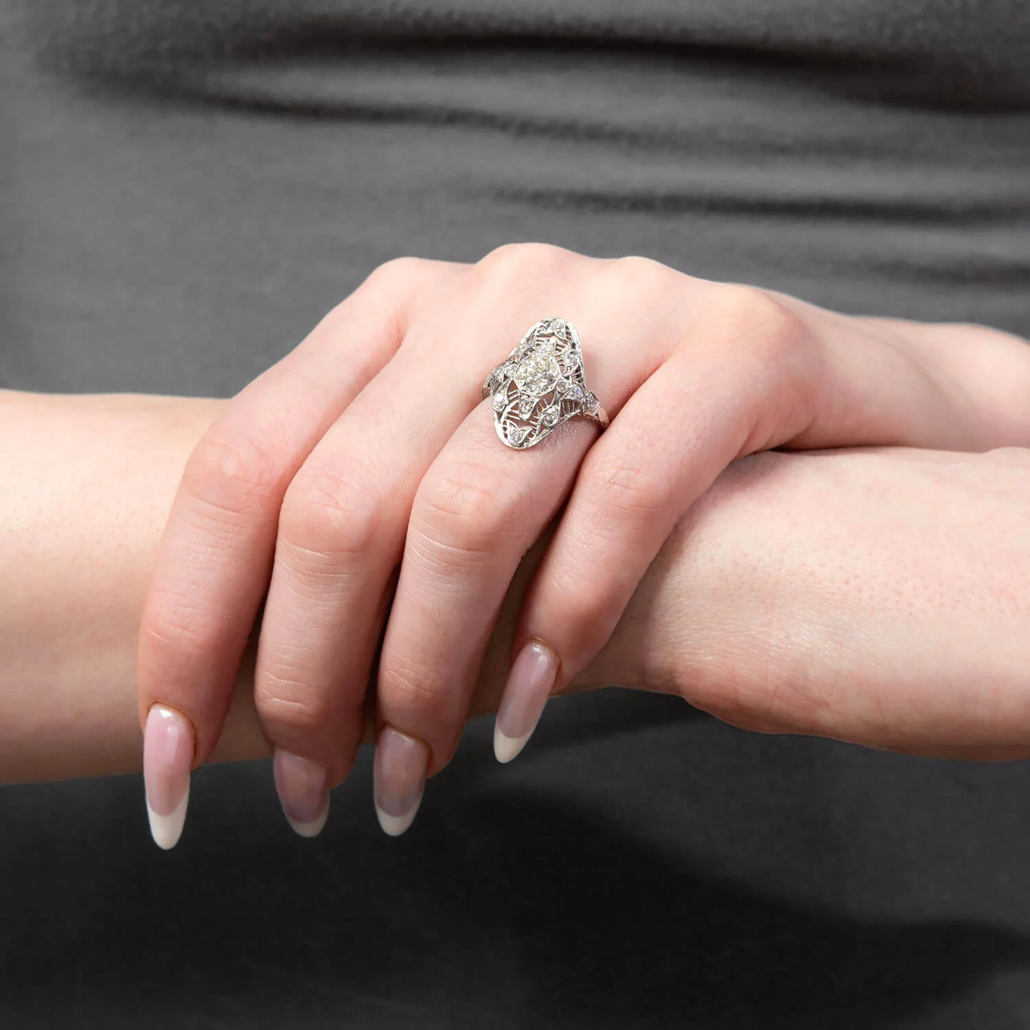 Edwardian Platinum Diamond Navette Ring - Image 6