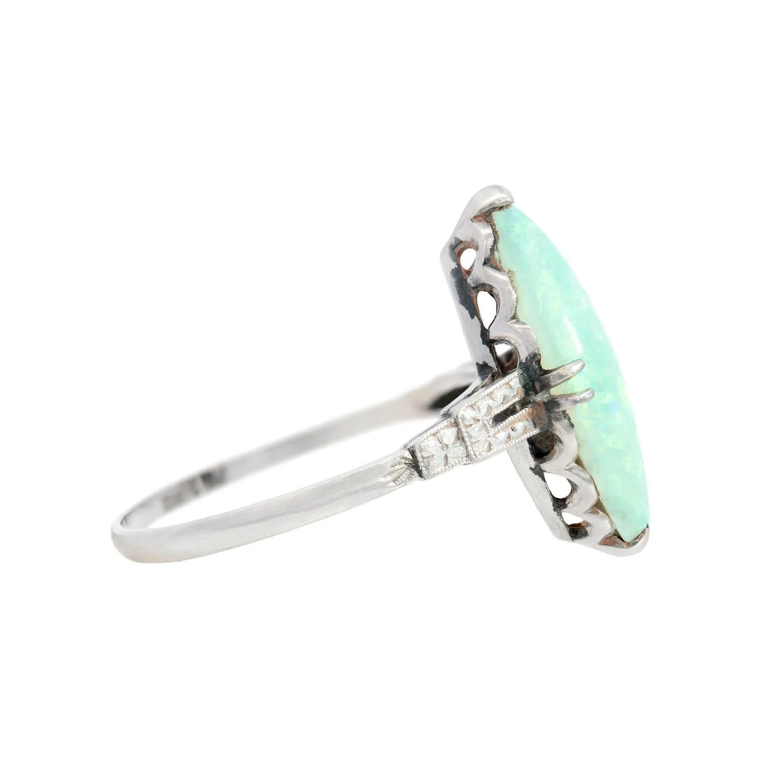 Edwardian Platinum Marquise Cut Opal Ring - Image 3