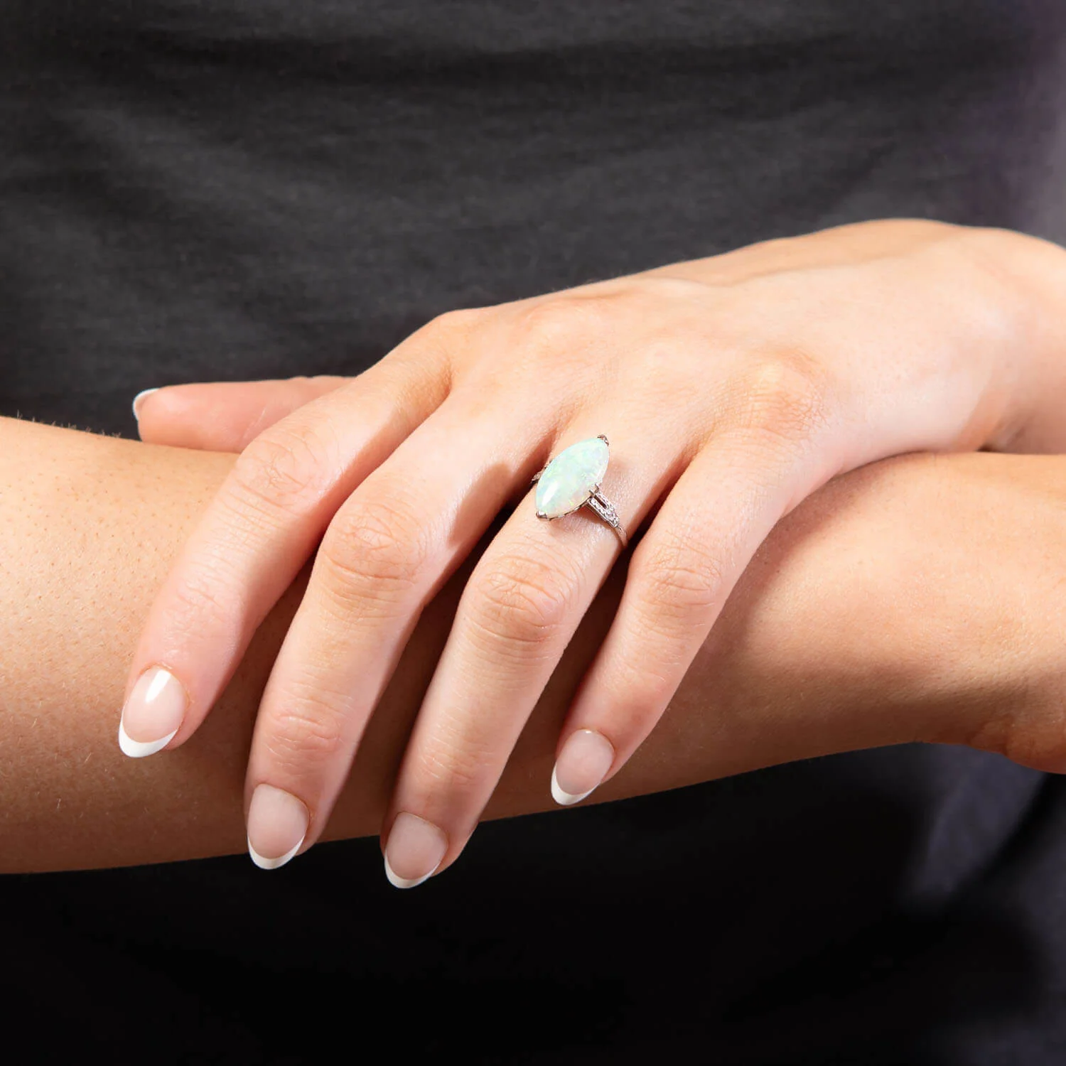 Edwardian Platinum Marquise Cut Opal Ring - Image 7