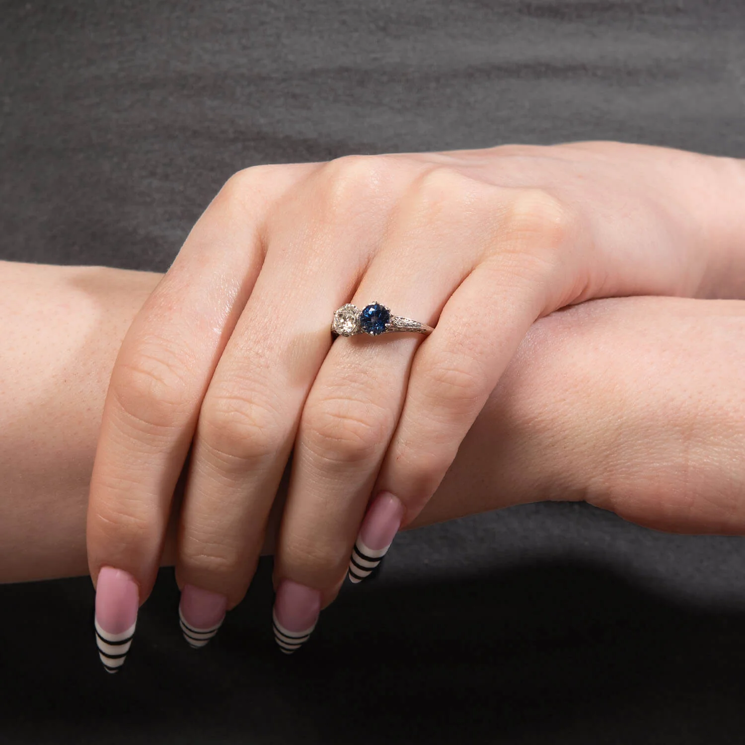 Edwardian Platinum Sapphire & Diamond Bypass Ring - Image 6