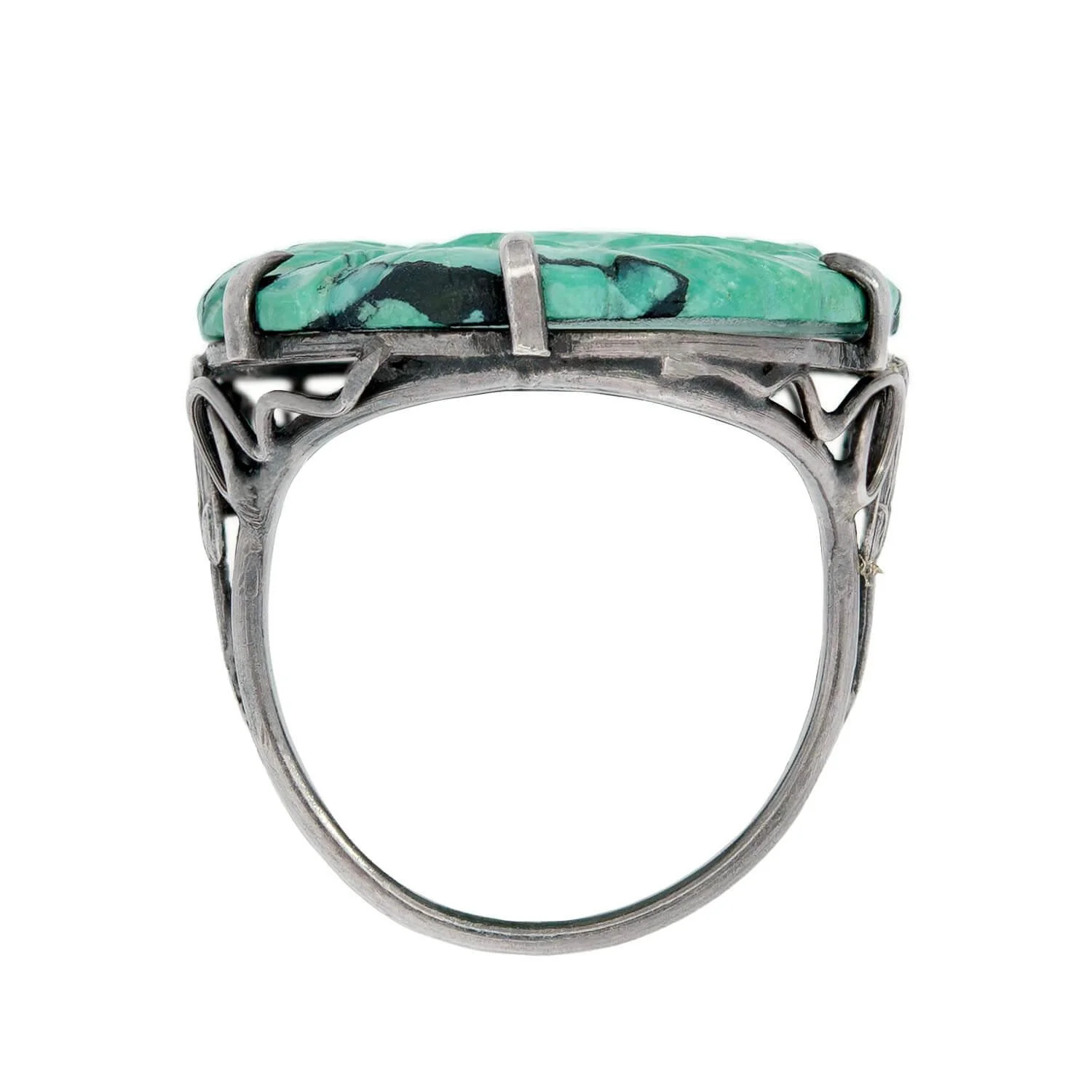 Edwardian Sterling Silver Chinese Carved Turquoise Ring - Image 4