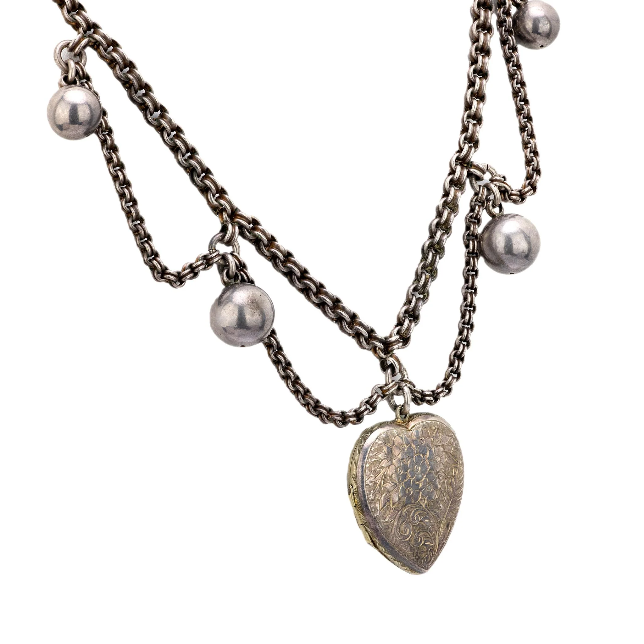 Edwardian Sterling Silver Heart Locket Pendant Festoon Necklace - Image 2