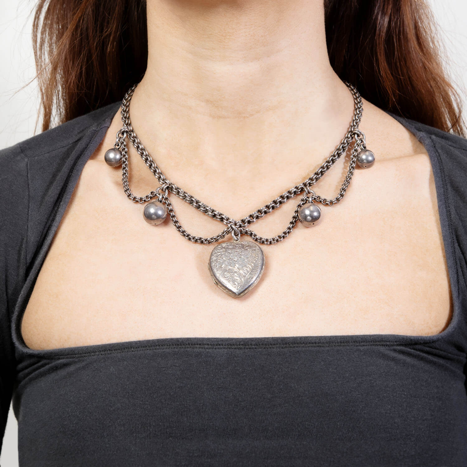 Edwardian Sterling Silver Heart Locket Pendant Festoon Necklace - Image 5