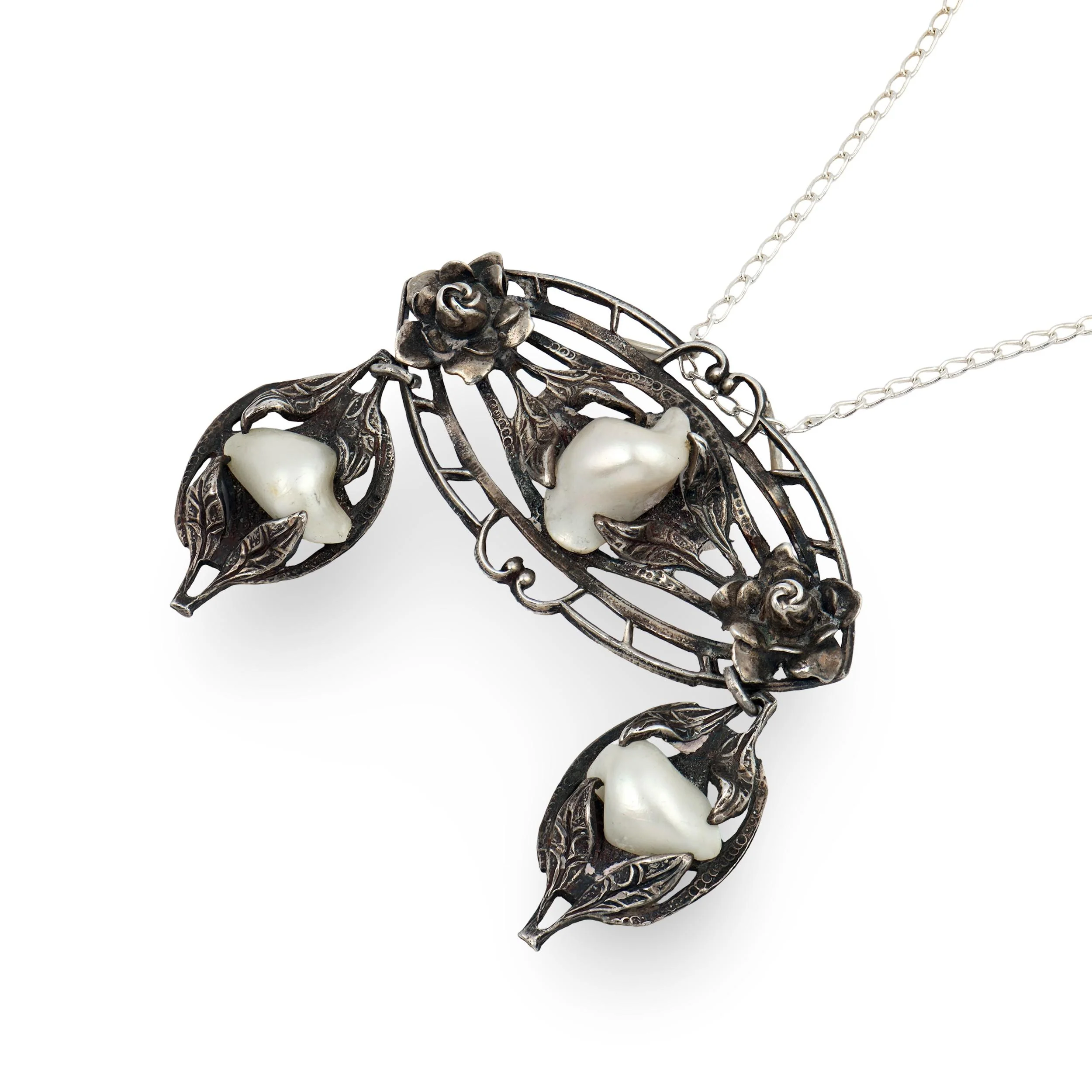 Edwardian Sterling Silver Mississippi River Pearl Lavalier Necklace - Image 2
