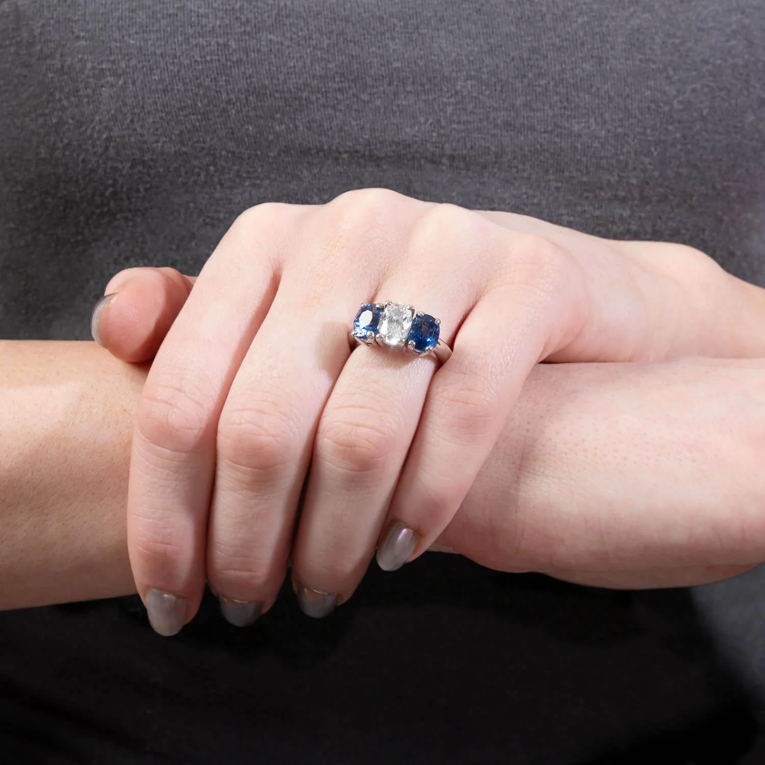 Estate 14k Diamond and Sapphire Three Stone Ring - Image 6