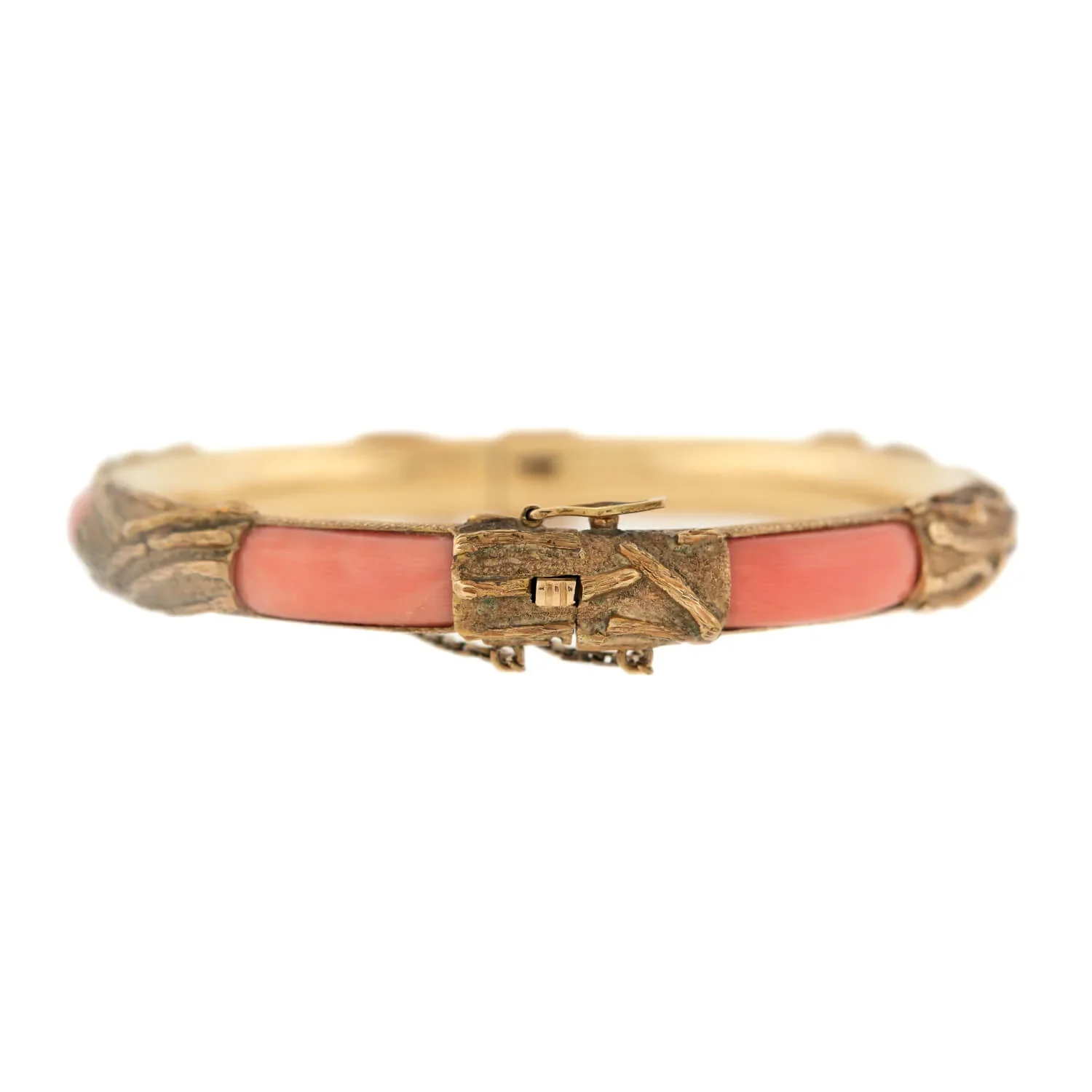 Estate 14k Gold & Coral Hinged Bangle Bracelet - Image 3