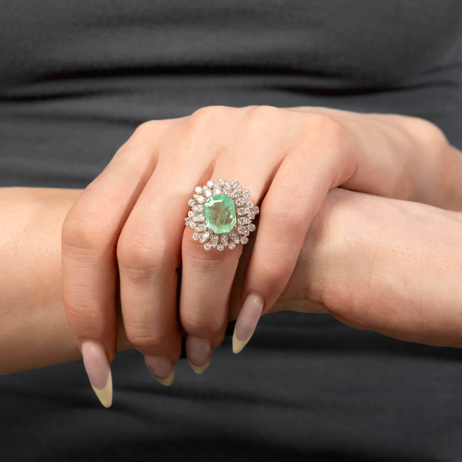Estate 18k Emerald & Diamond Halo Ring - Image 7