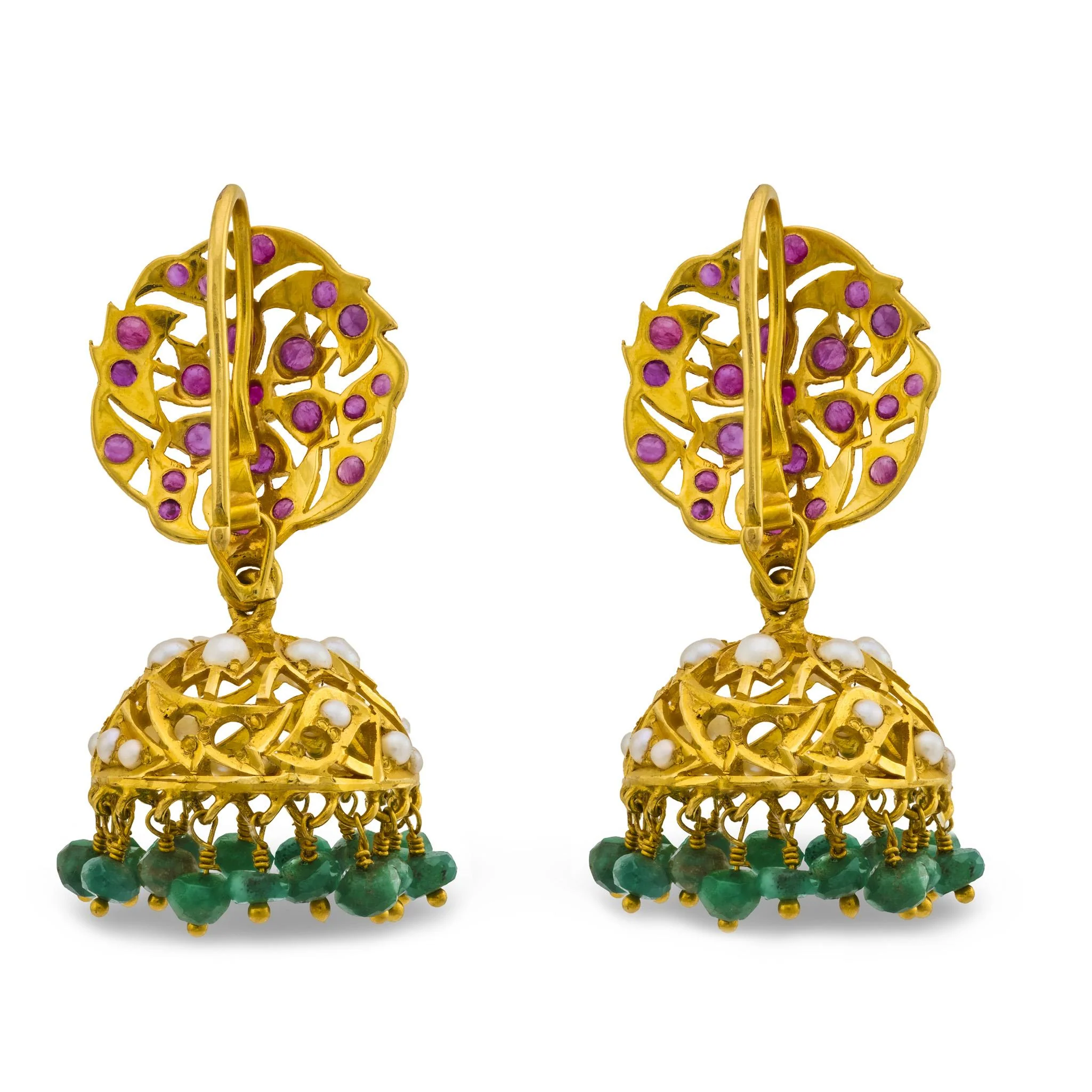 Estate 18k Ruby, Pearl, & Emerald Chandelier Earrings - Image 3