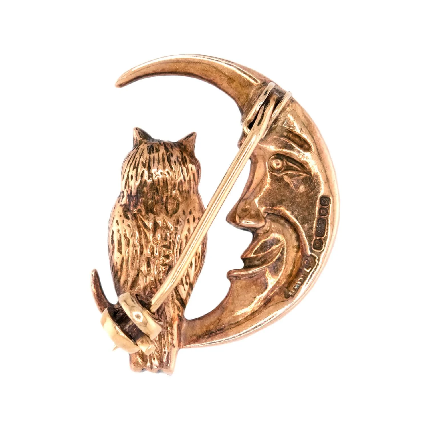 Estate English 9k Garnet & Diamond Owl/Moon-Motif Pin - Image 3