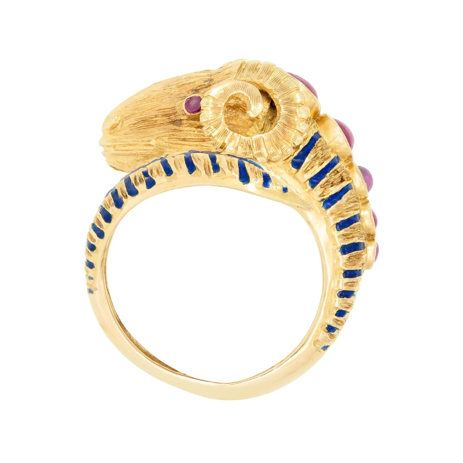Estate Greek 18k Ruby and Enamel Ram's Head Ring - Image 3