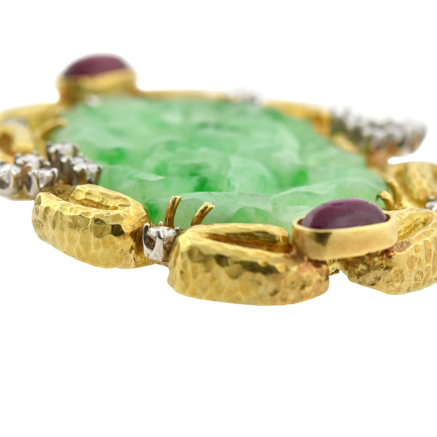 Estate Large 18kt Carved Jade, Ruby + Diamond Pin - Image 2