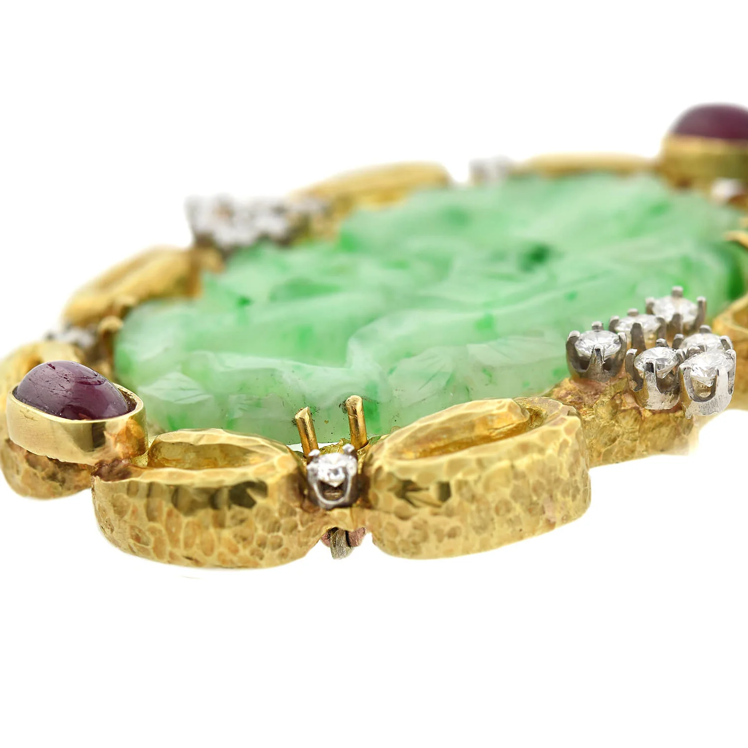 Estate Large 18kt Carved Jade, Ruby + Diamond Pin - Image 3