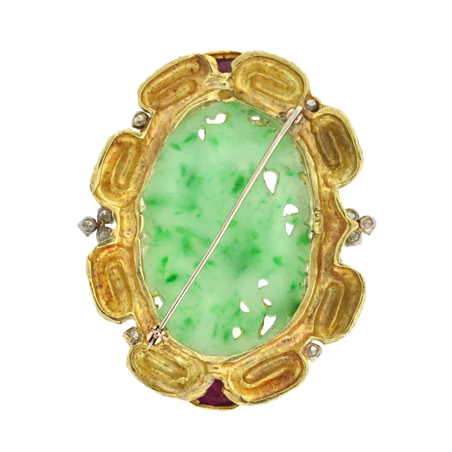 Estate Large 18kt Carved Jade, Ruby + Diamond Pin - Image 4