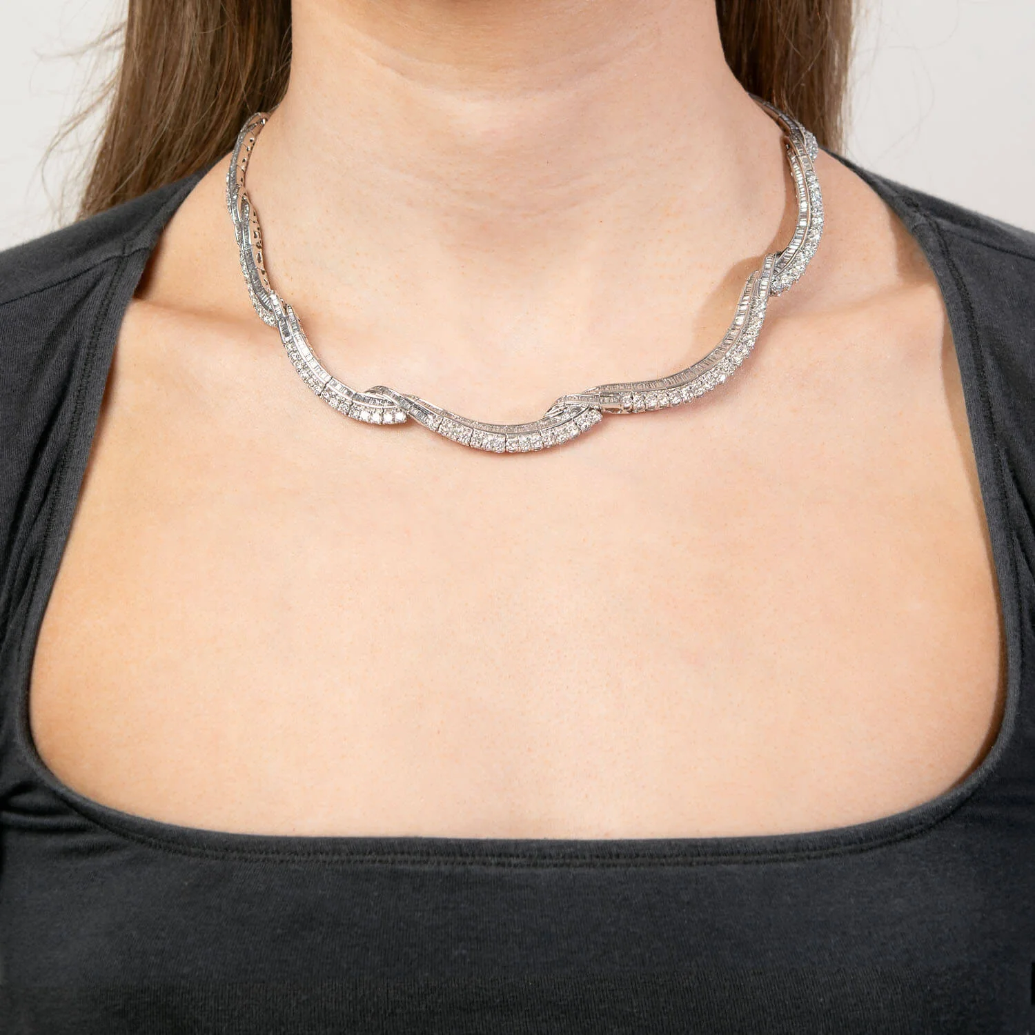 Estate Platinum 20ctw+ Diamond Twisted Riviera Necklace - Image 4