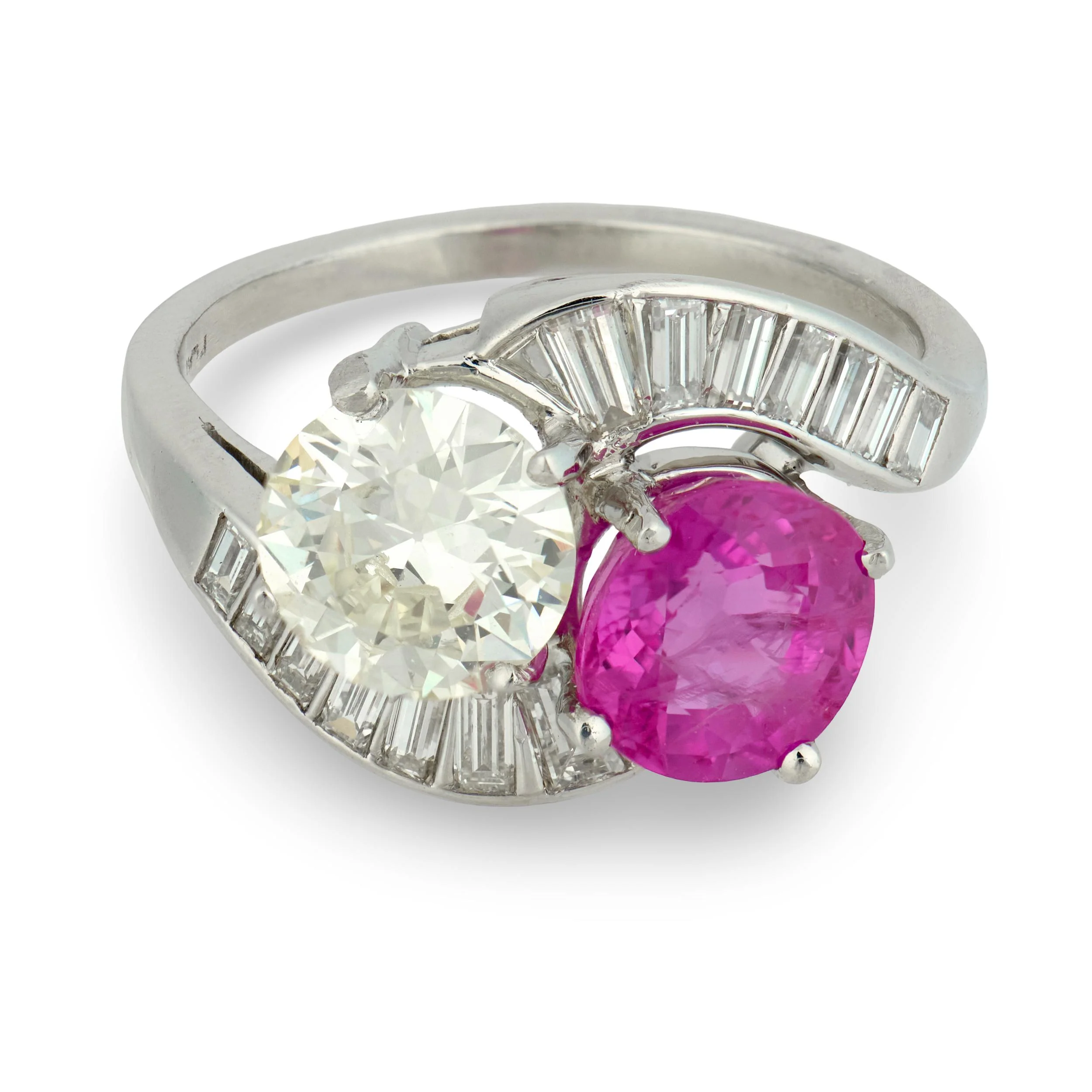 Estate Platinum Pink Sapphire & Diamond "Moi et Toi" Bypass Ring - Image 2
