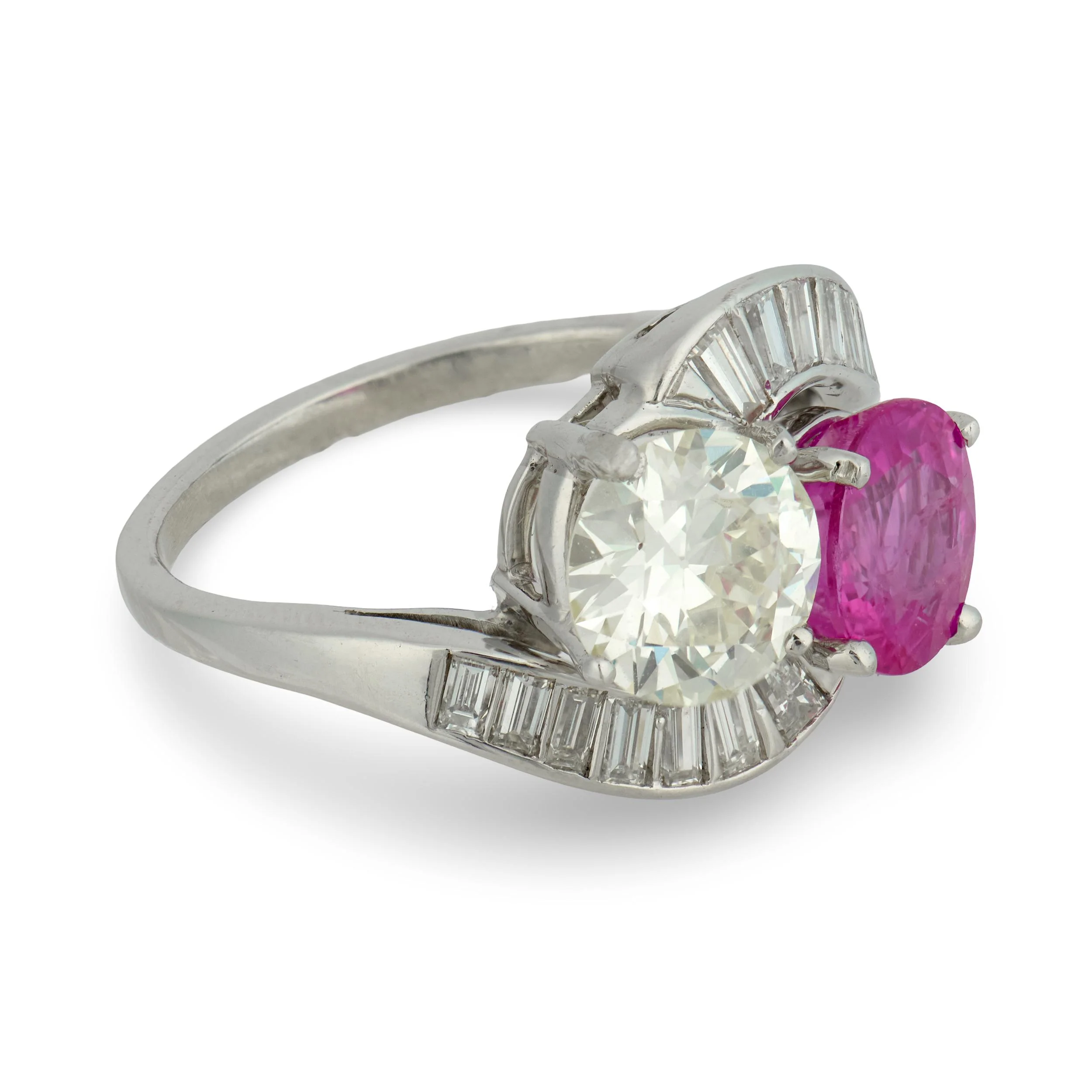 Estate Platinum Pink Sapphire & Diamond "Moi et Toi" Bypass Ring - Image 3