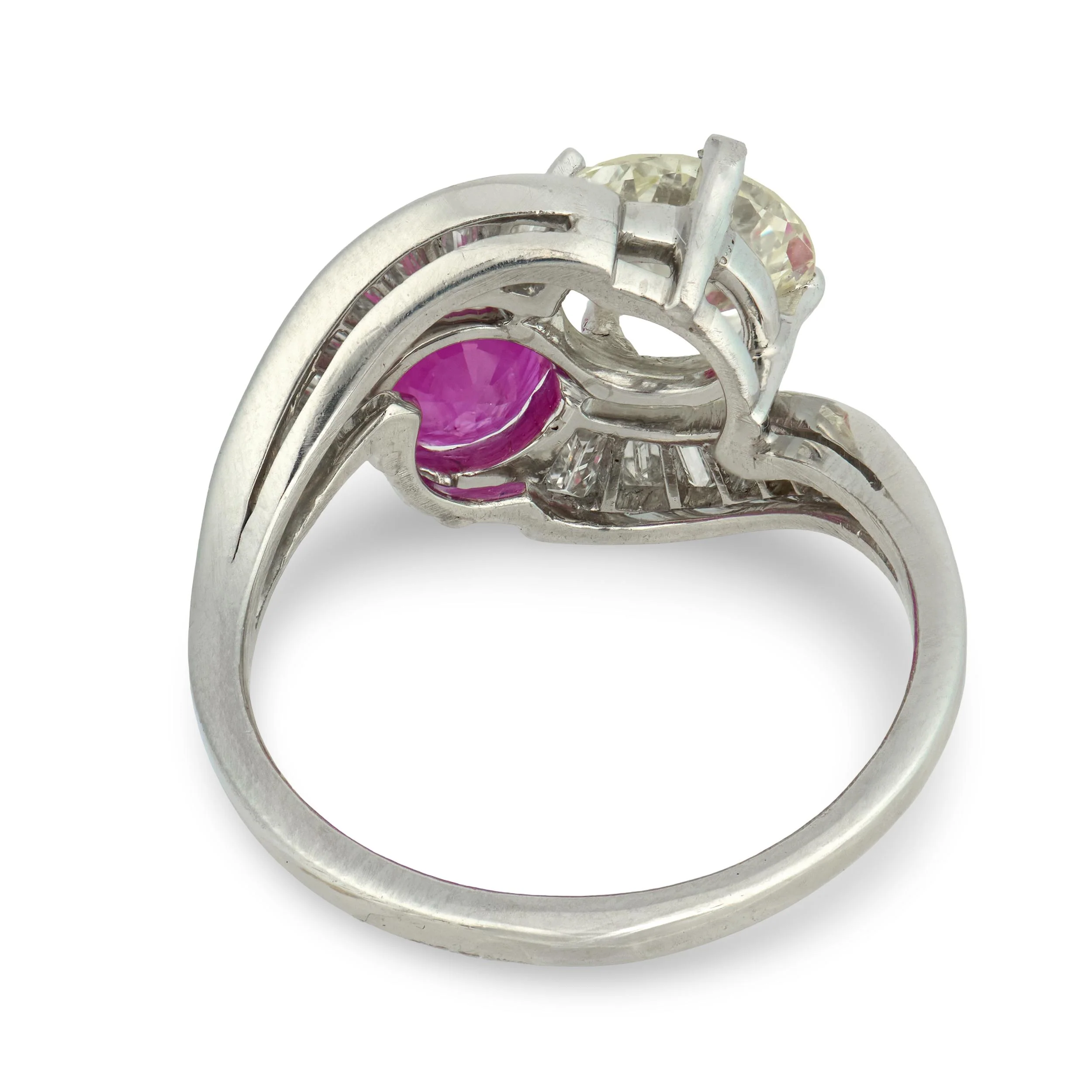 Estate Platinum Pink Sapphire & Diamond "Moi et Toi" Bypass Ring - Image 5