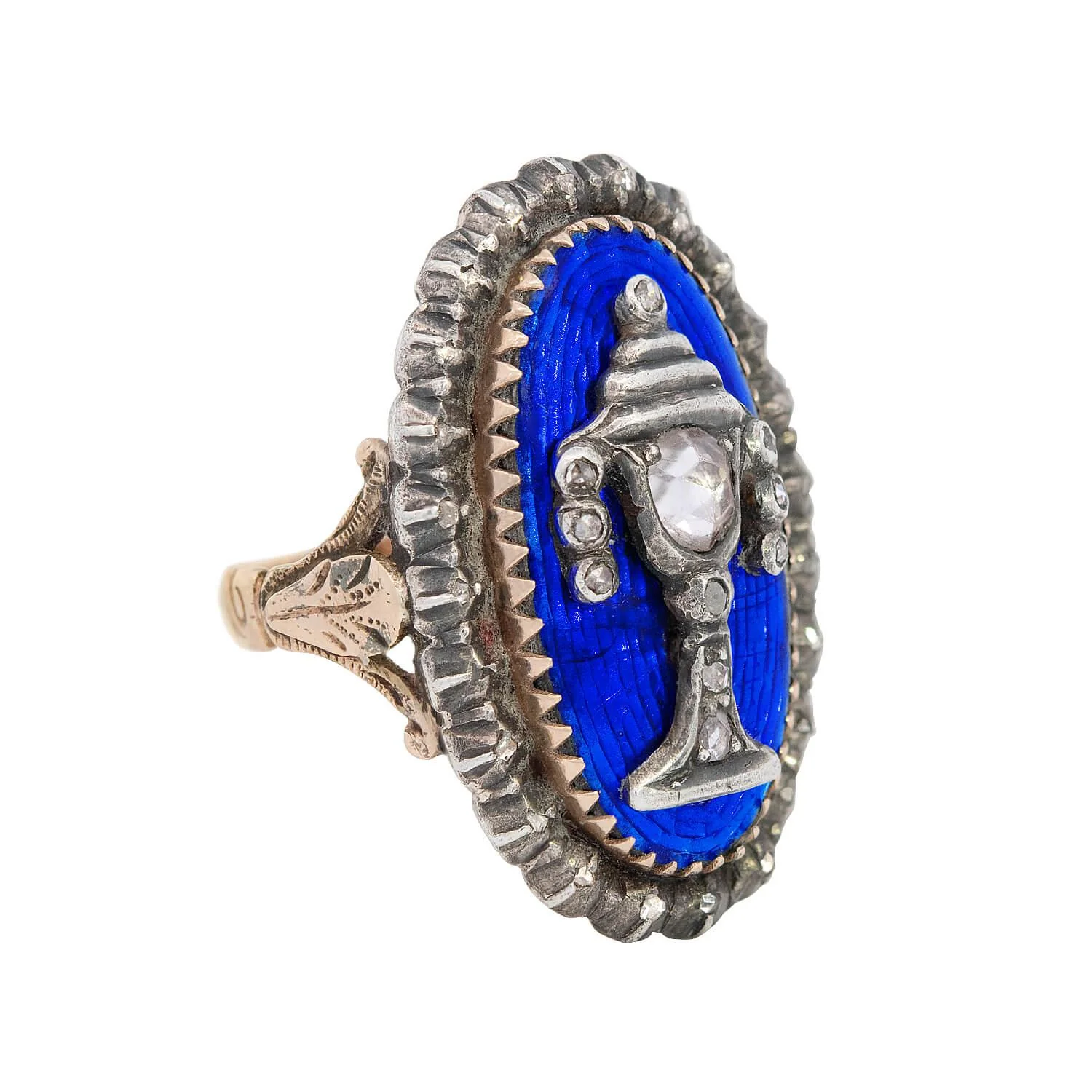 Georgian 14k and Sterling Silver Diamond and Enamel Urn Ring - Image 2
