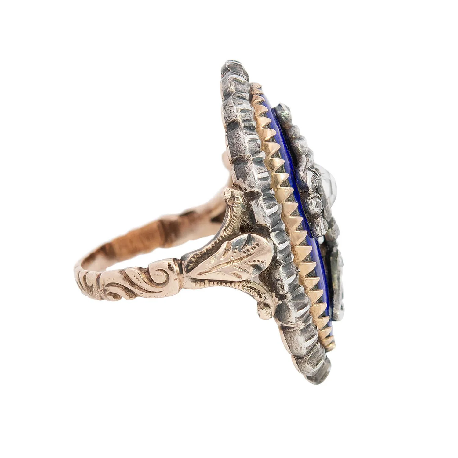 Georgian 14k and Sterling Silver Diamond and Enamel Urn Ring - Image 3