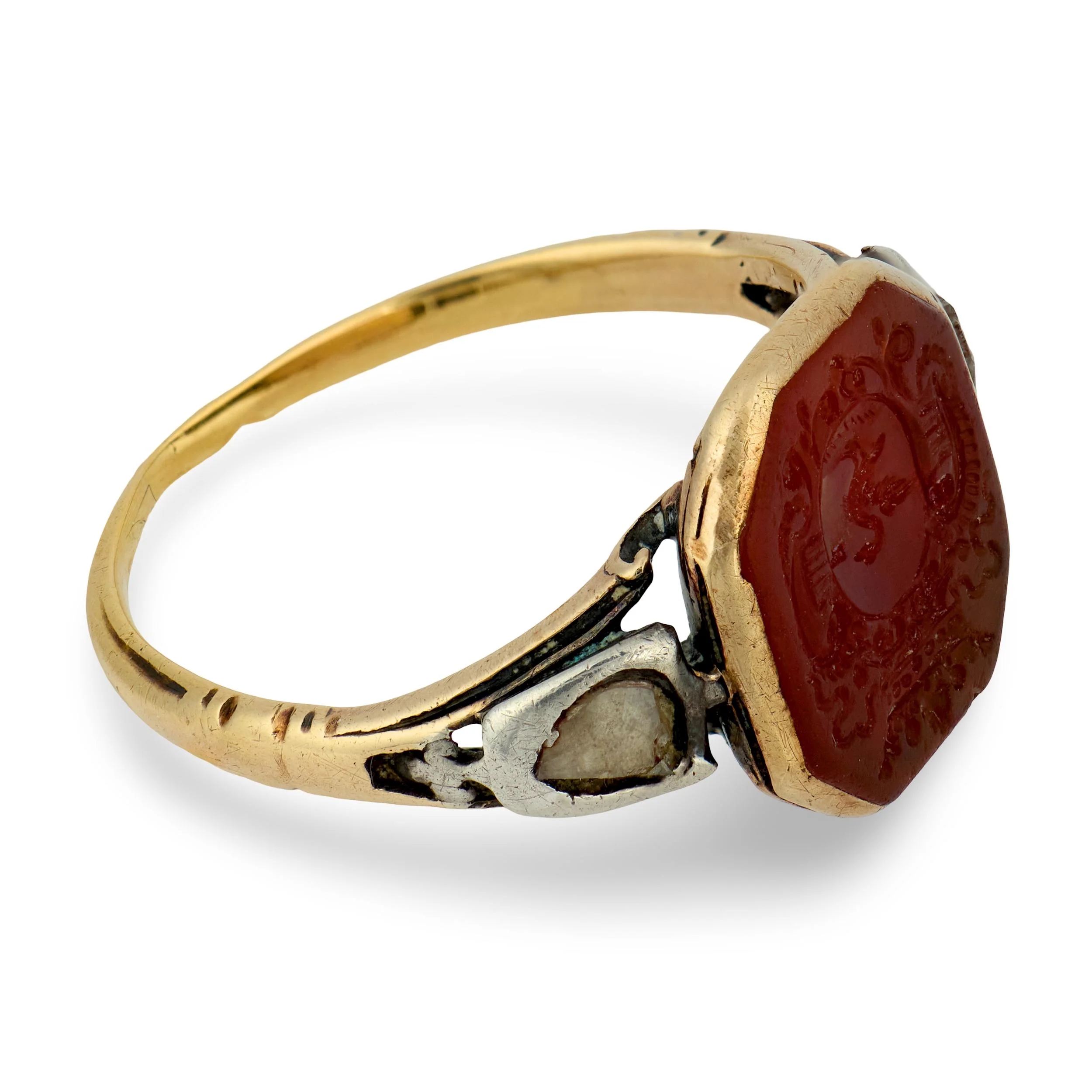 Georgian 14k/Sterling Silver Carnelian & Diamond Signet Ring - Image 3