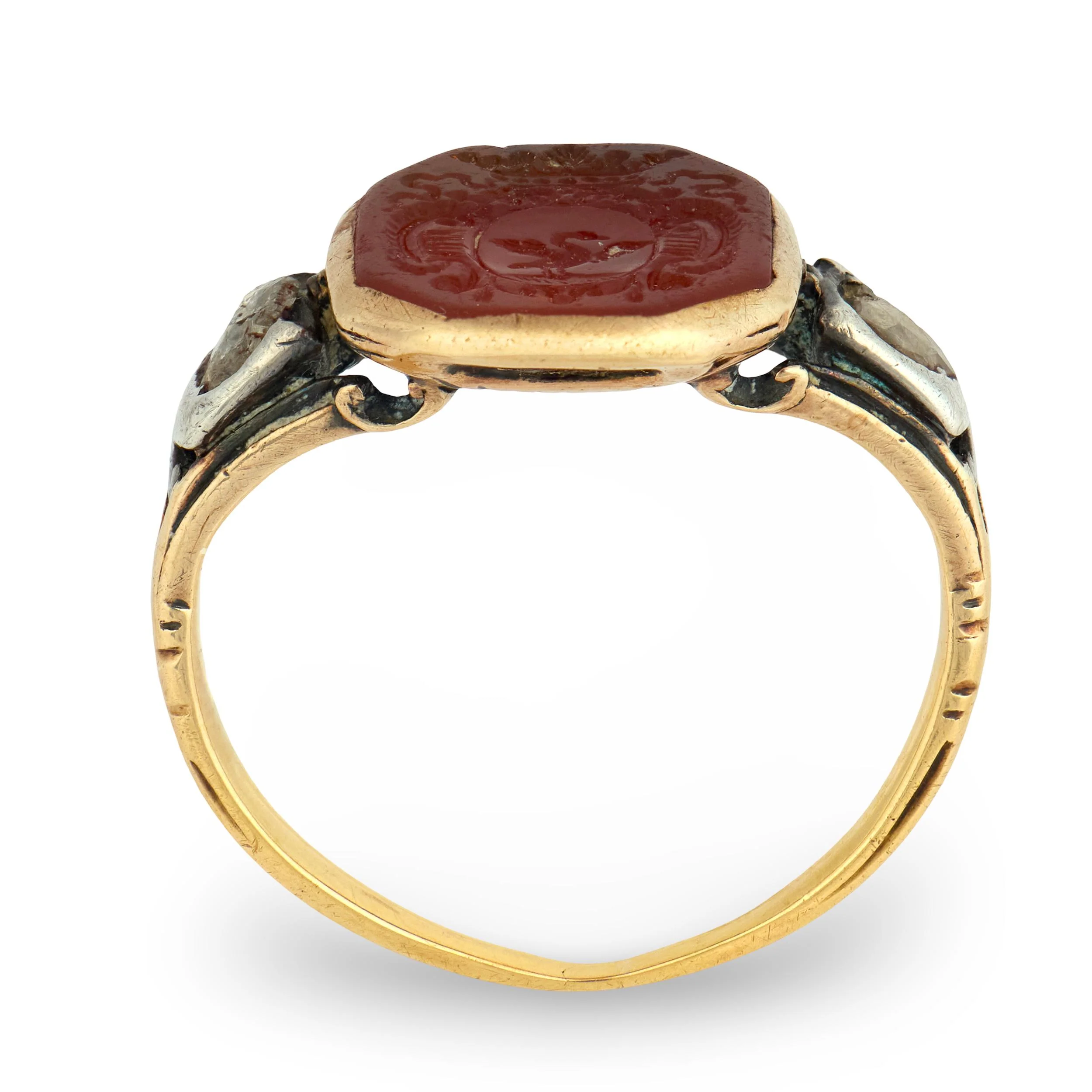 Georgian 14k/Sterling Silver Carnelian & Diamond Signet Ring - Image 4