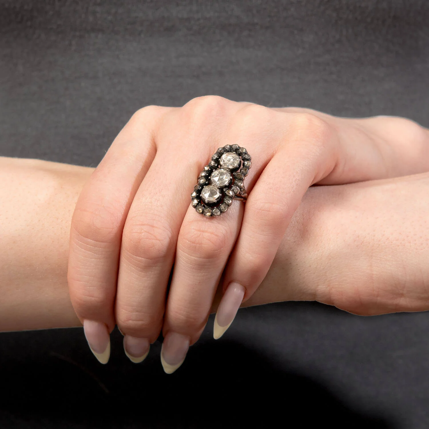 Georgian 18k/Sterling Silver Diamond Navette Ring - Image 6