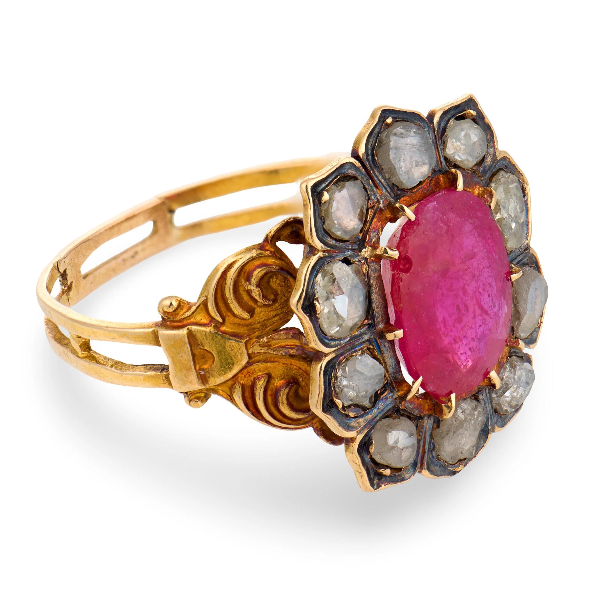 Georgian 18k/Sterling Silver Ruby & Diamond Halo Ring - Image 3