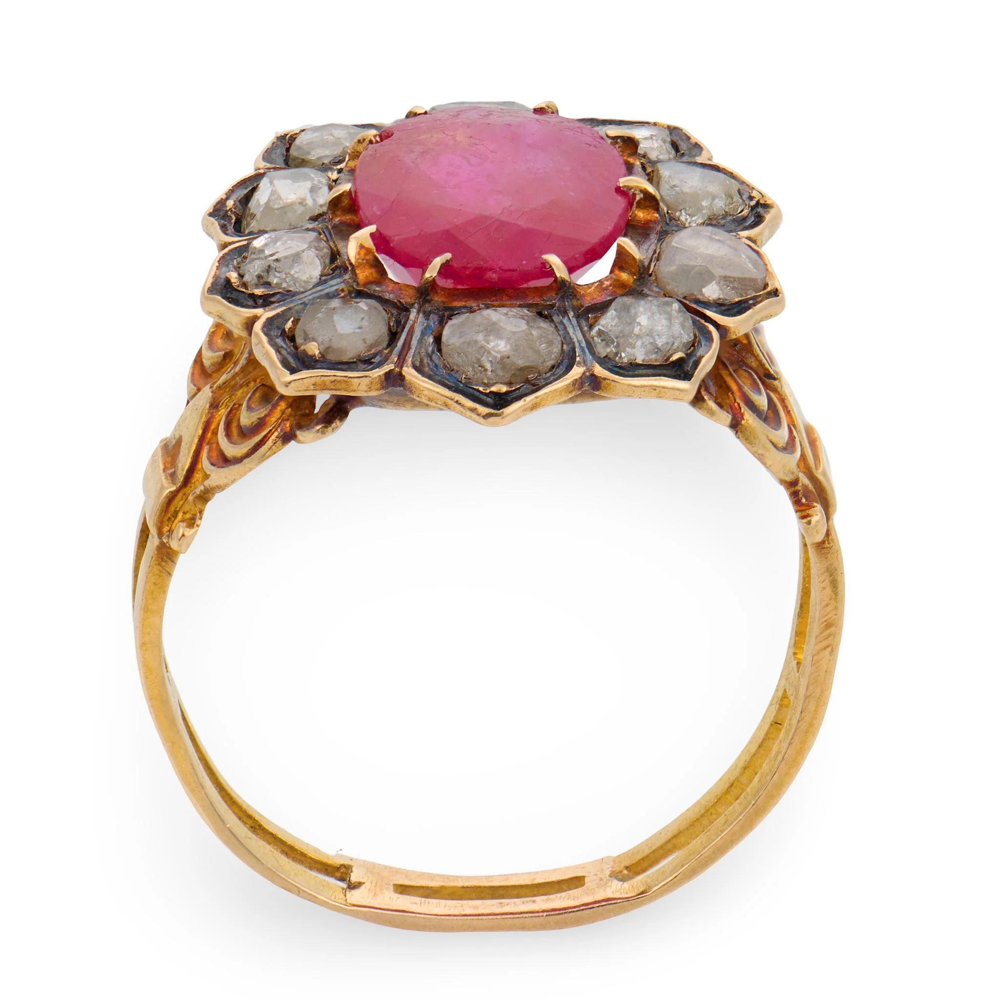 Georgian 18k/Sterling Silver Ruby & Diamond Halo Ring - Image 4