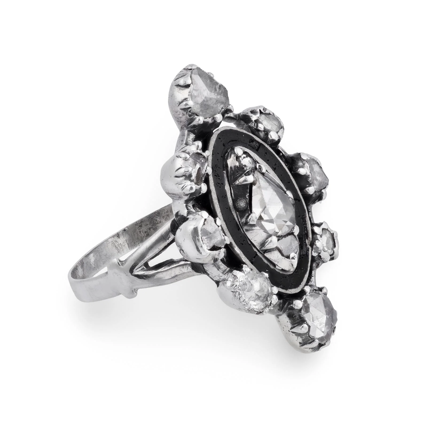 Georgian Sterling Silver Diamond & Enamel Navette Ring - Image 3