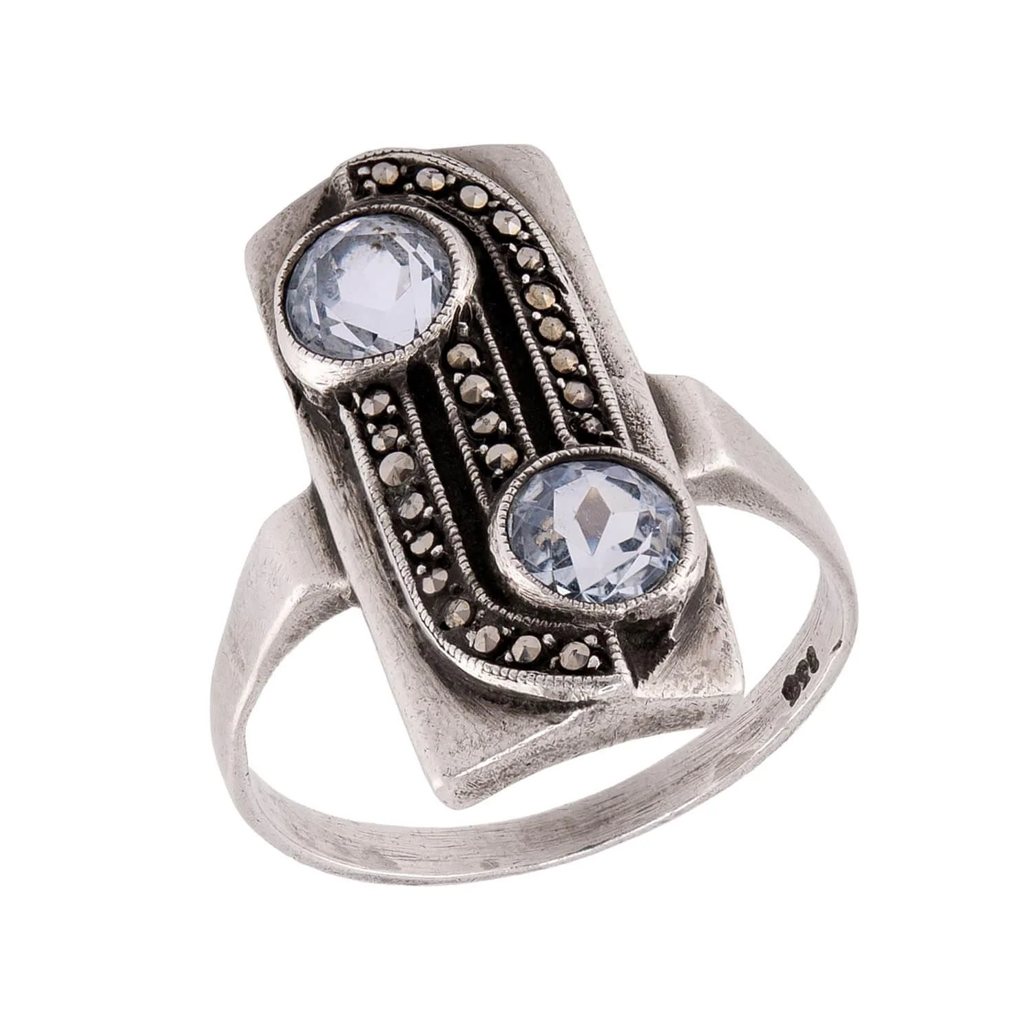 JUGENDSTIL Art Nouveau German Sterling Silver Aqua & Marcasite Ring