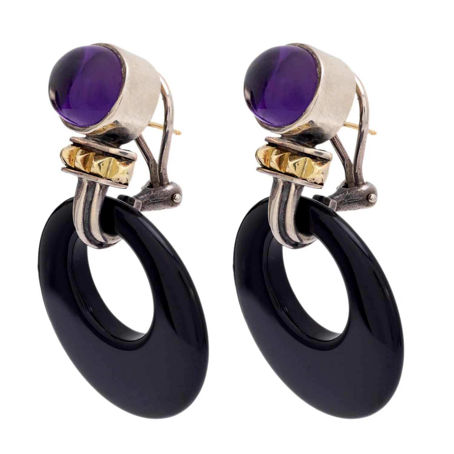 LAGOS Estate 18k/Sterling Silver Amethyst and Onyx Hoop Earrings - Image 2